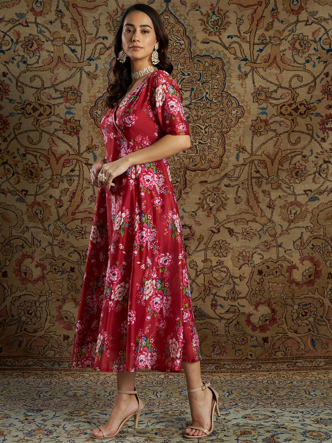 Women's Maroon Chanderi Floral Anarkali Dress - Lyush