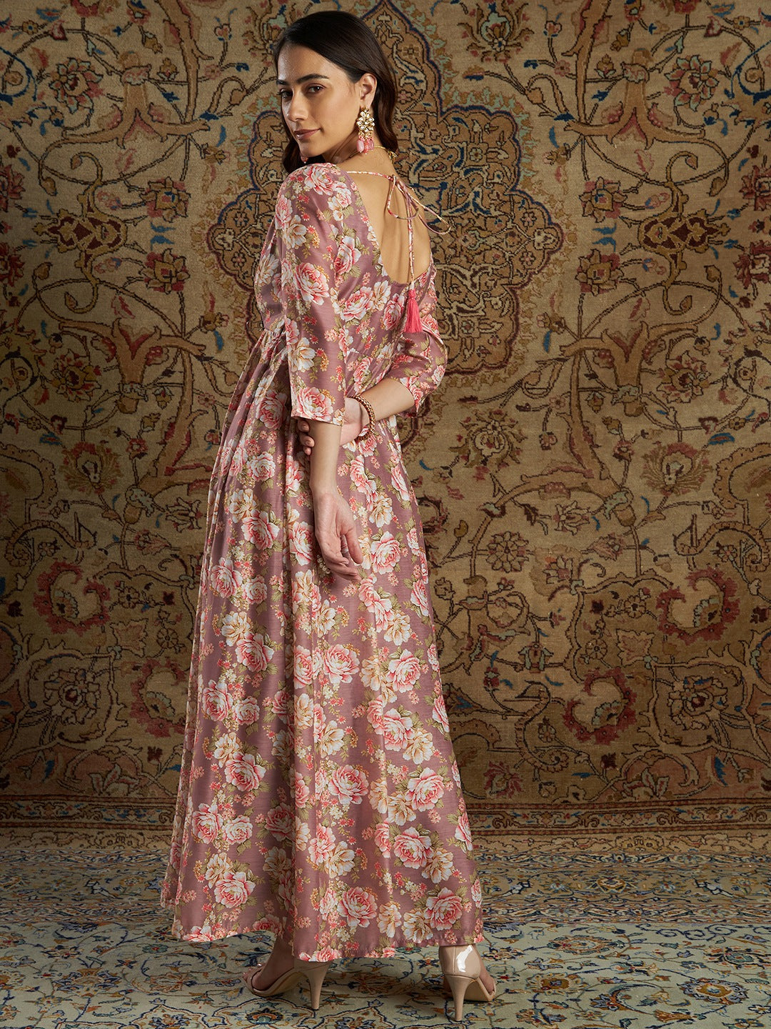 Women's Mauve Chanderi Floral Anarkali Maxi Dress - Lyush