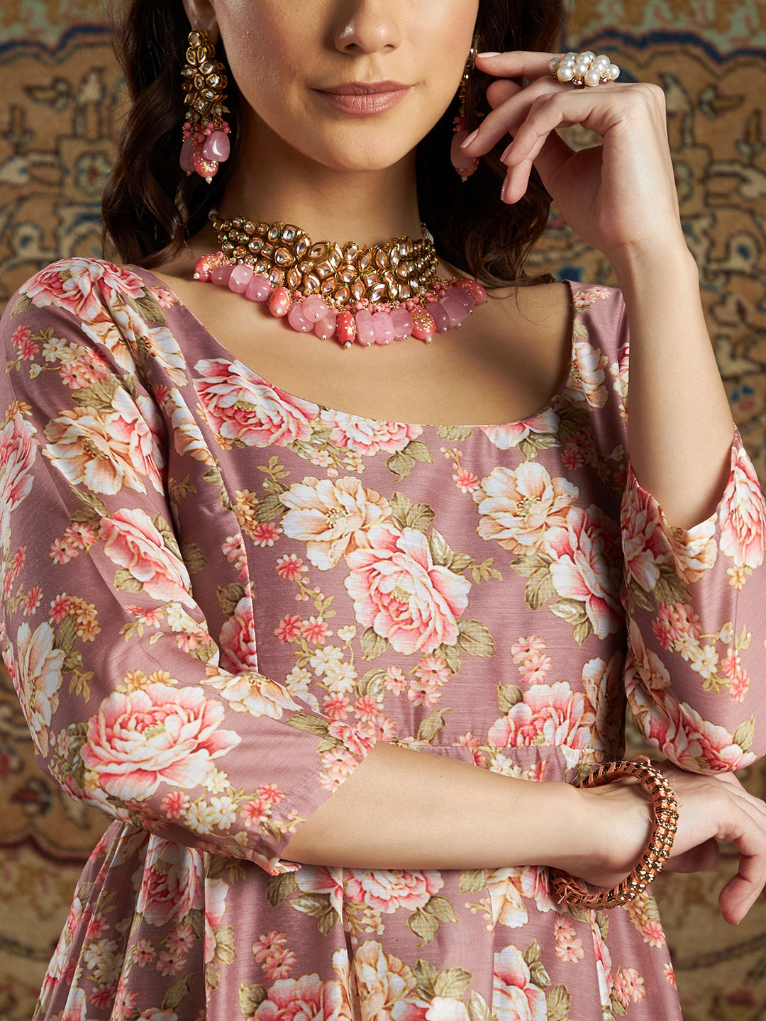 Women's Mauve Chanderi Floral Anarkali Maxi Dress - Lyush