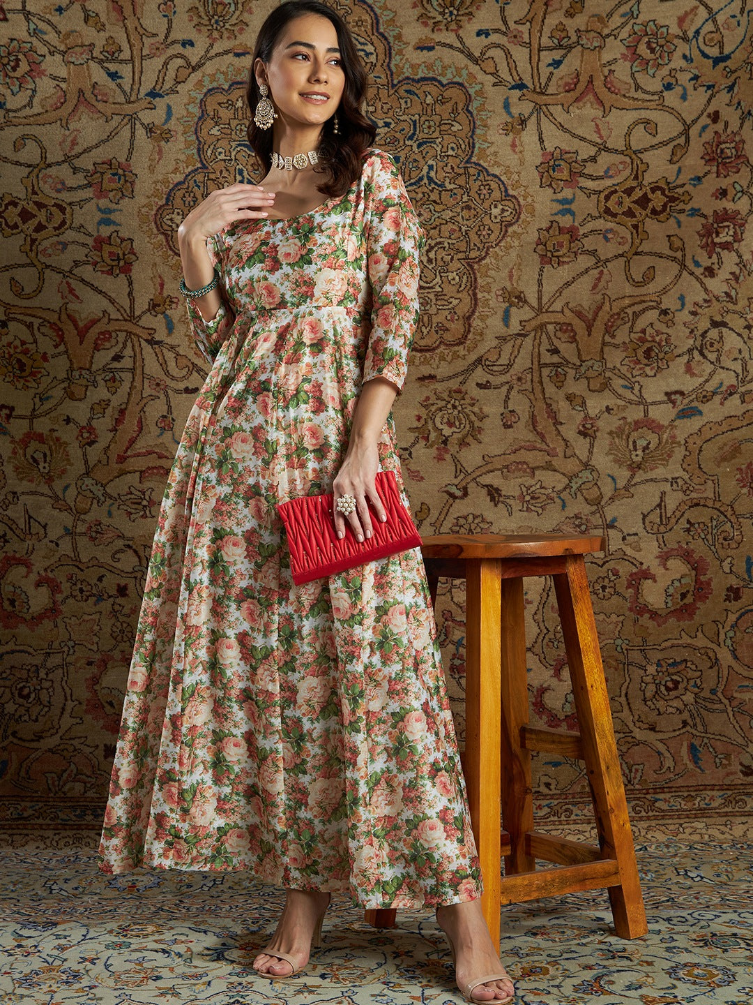 Women's Peach Chanderi Floral Anarkali Maxi Dress - Lyush