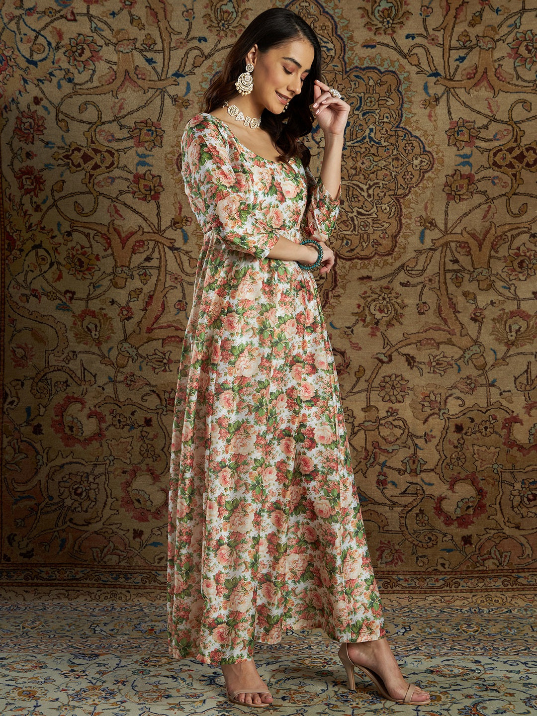 Women's Peach Chanderi Floral Anarkali Maxi Dress - Lyush