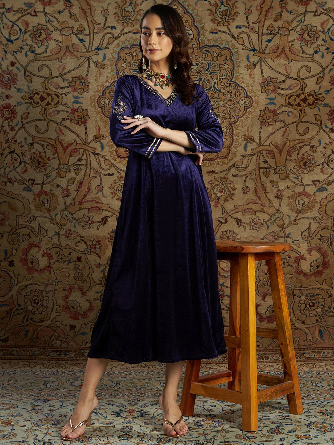 Women's Navy Velvet Zari Embroidered Anarkali Dress - Lyush