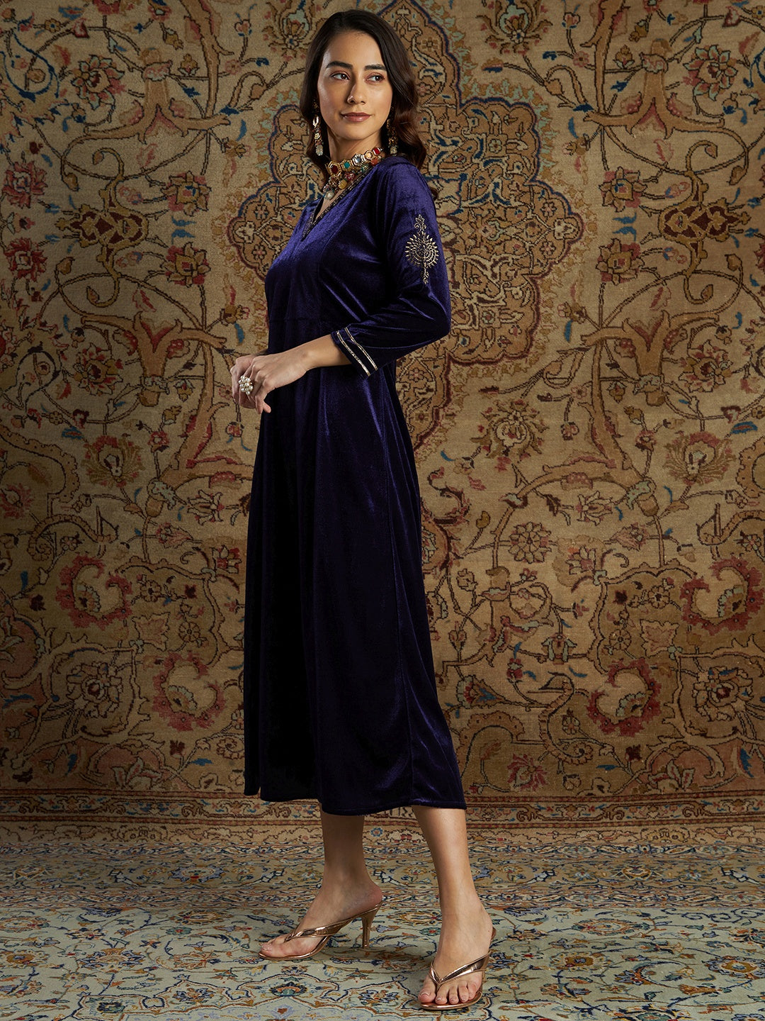 Women's Navy Velvet Zari Embroidered Anarkali Dress - Lyush