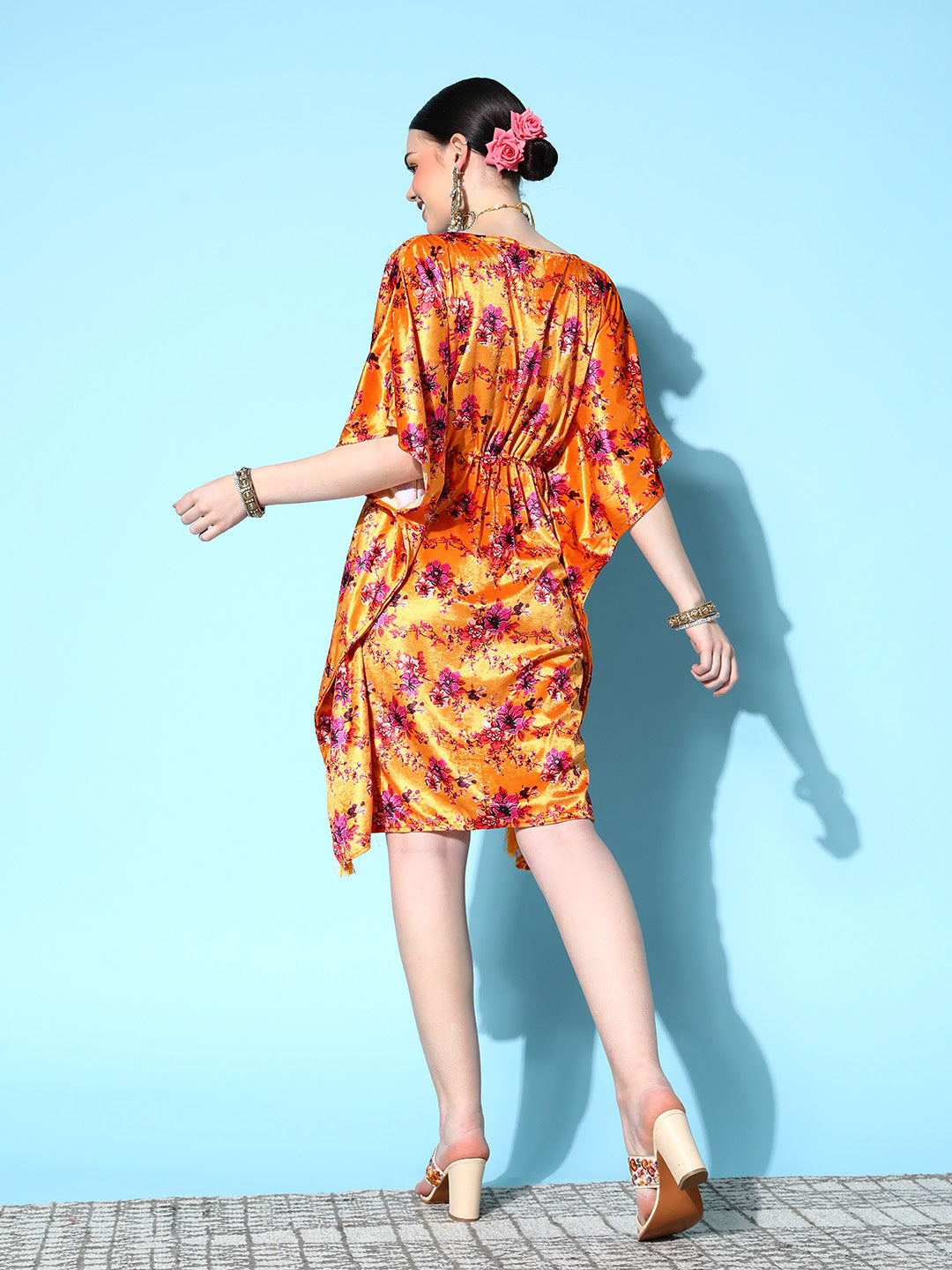 Women's Orange Floral Velvet High Low Kaftan Dress - Lyush
