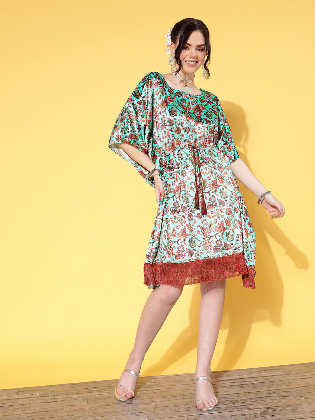 Women's Sea Green Floral Velvet High Low Kaftan Dress - Lyush