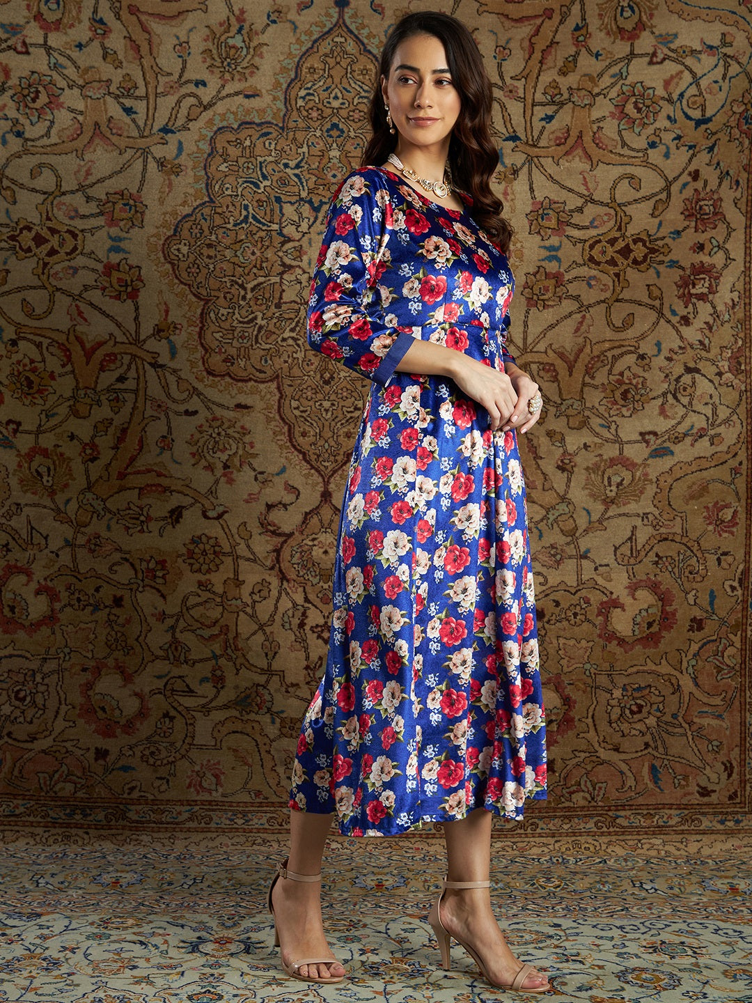 Women's Royal Blue Floral Velvet Printed Anarkali Dress - Lyush