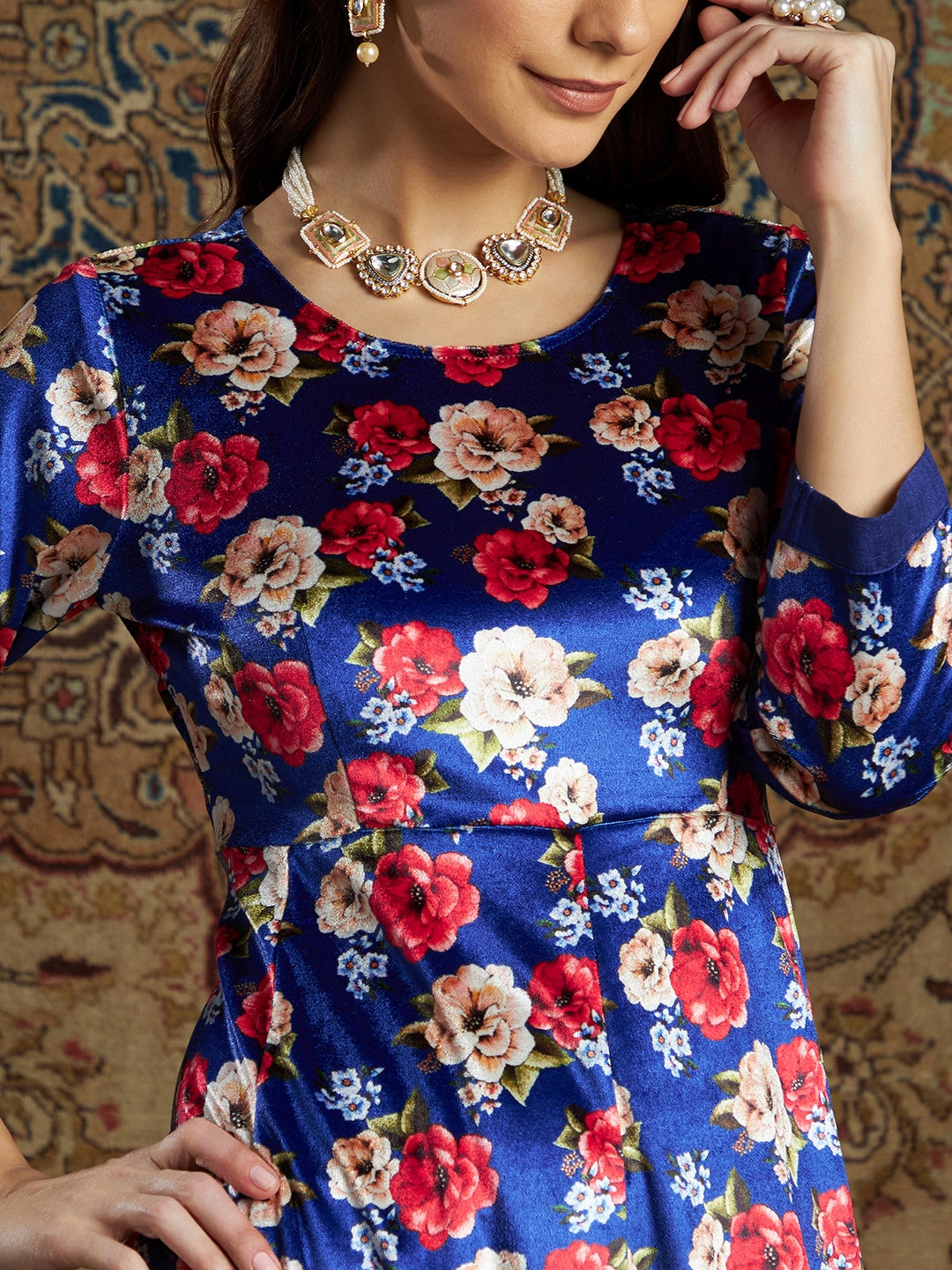 Women's Royal Blue Floral Velvet Printed Anarkali Dress - Lyush