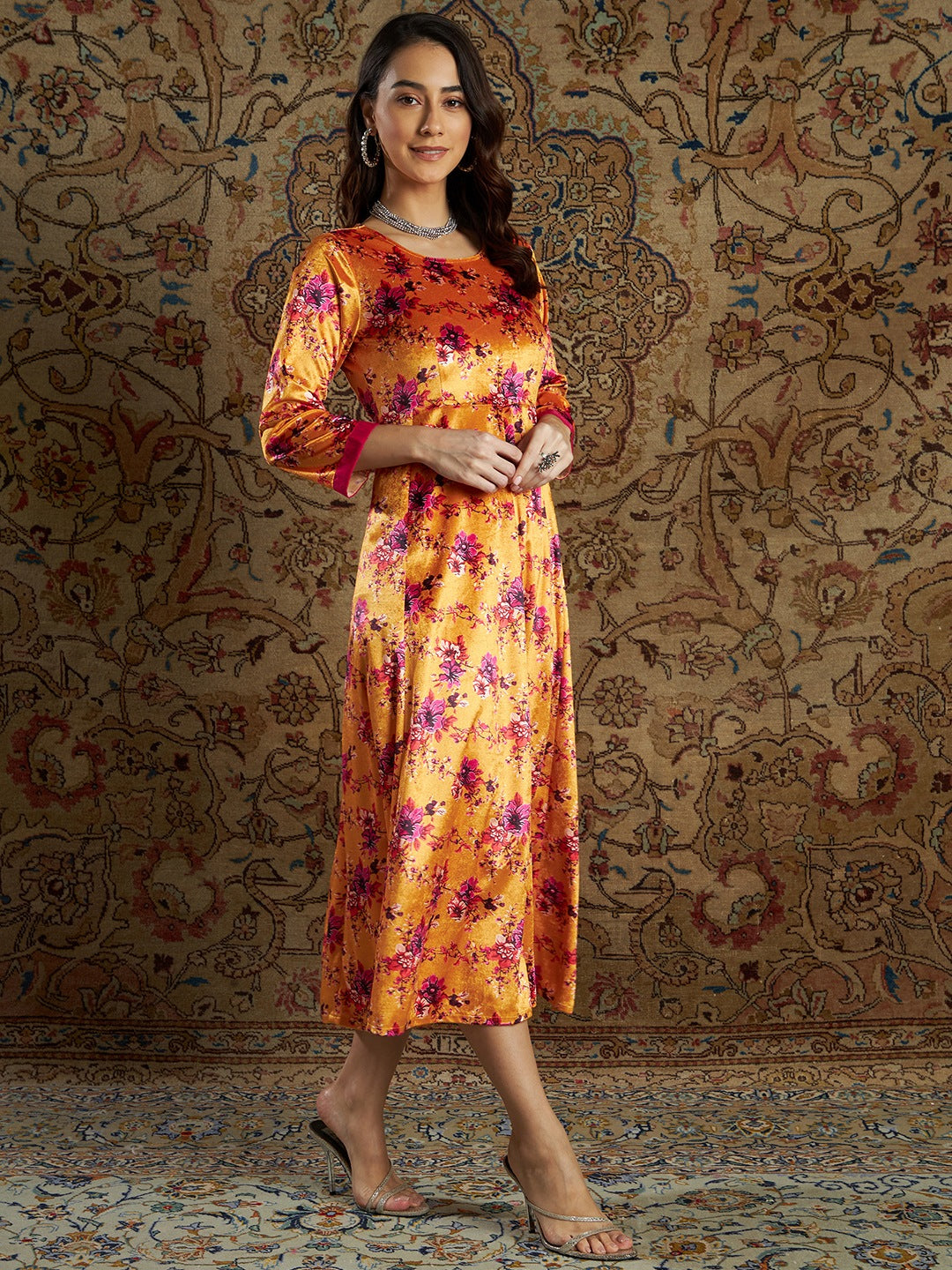 Women's Orange Floral Velvet Printed Anarkali Dress - Lyush