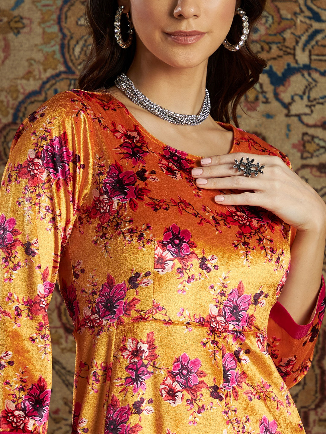 Women's Orange Floral Velvet Printed Anarkali Dress - Lyush