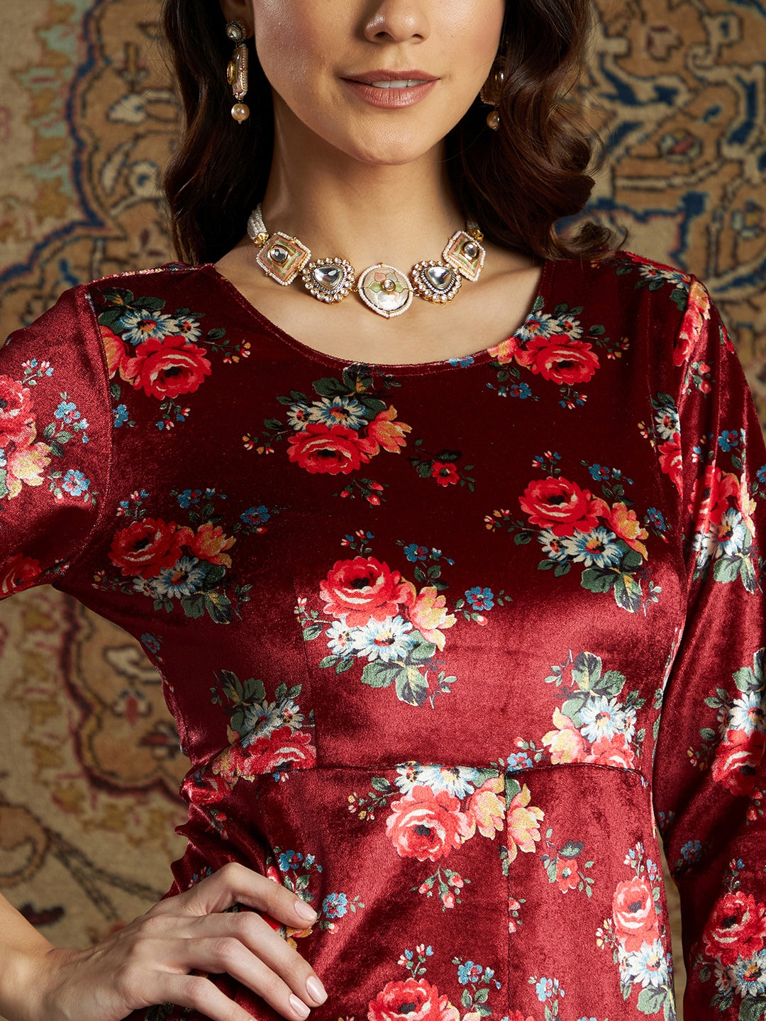 Women's Maroon Floral Velvet Printed Anarkali Dress - Lyush
