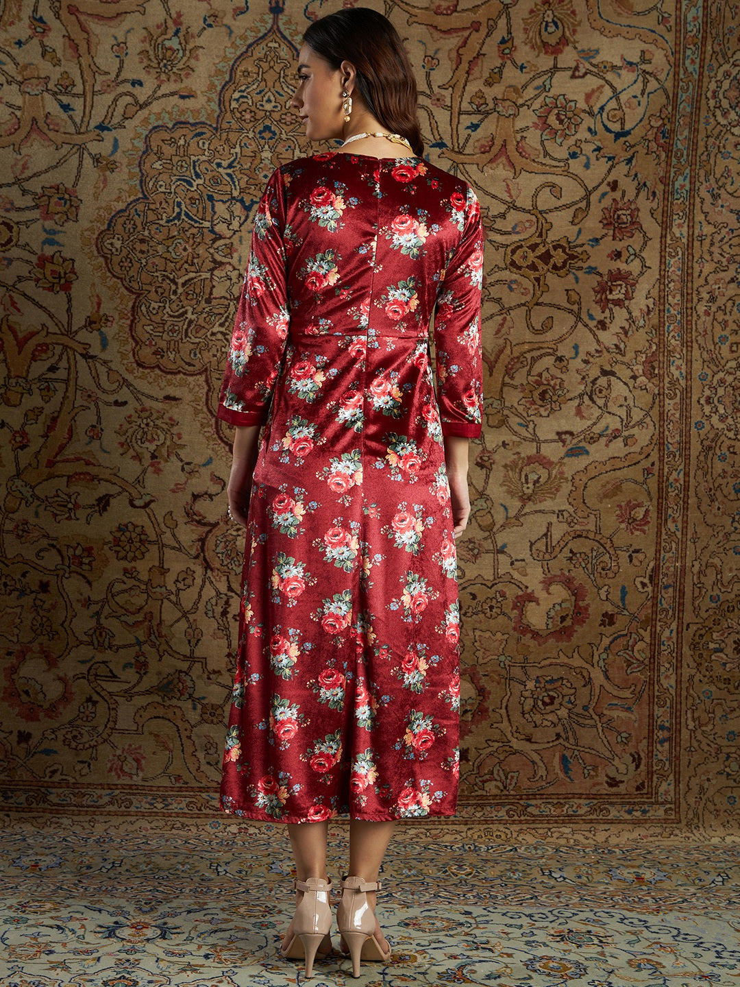 Women's Maroon Floral Velvet Printed Anarkali Dress - Lyush