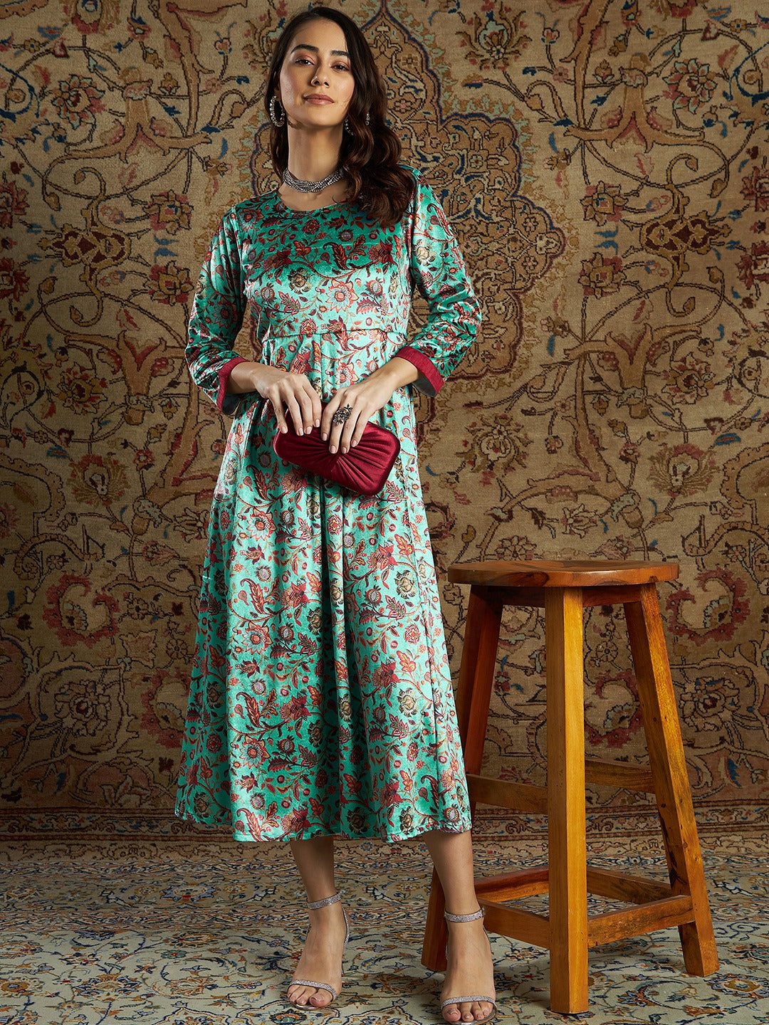 Women's Sea Green Floral Velvet Printed Anarkali Dress - Lyush