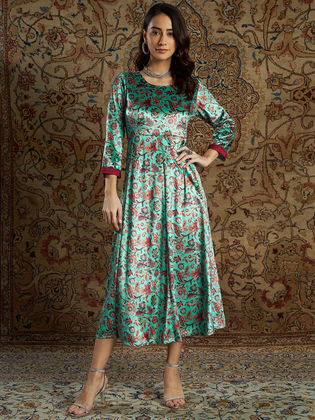 Women's Sea Green Floral Velvet Printed Anarkali Dress - Lyush