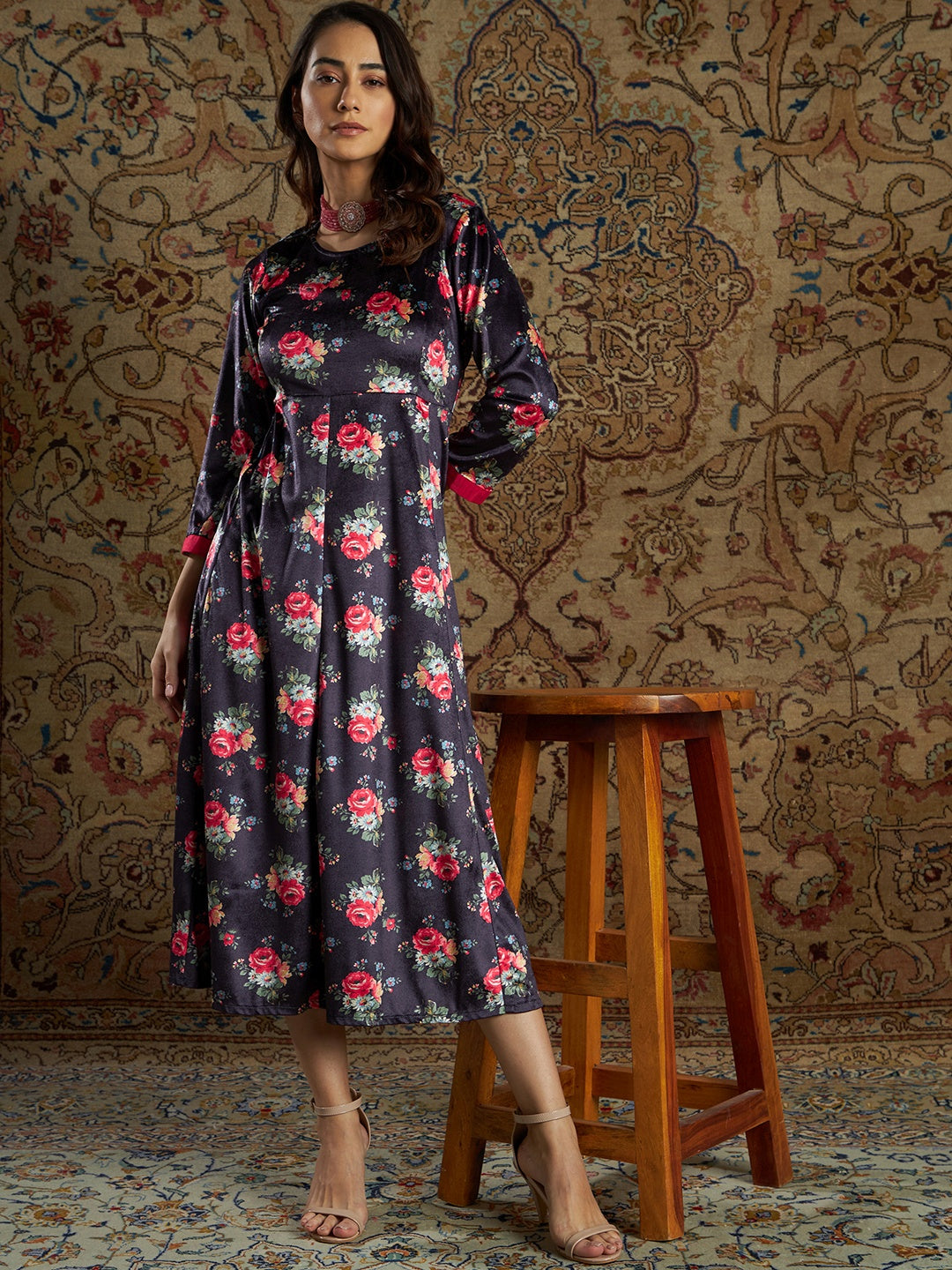 Women's Navy Floral Velvet Printed Anarkali Dress - Lyush