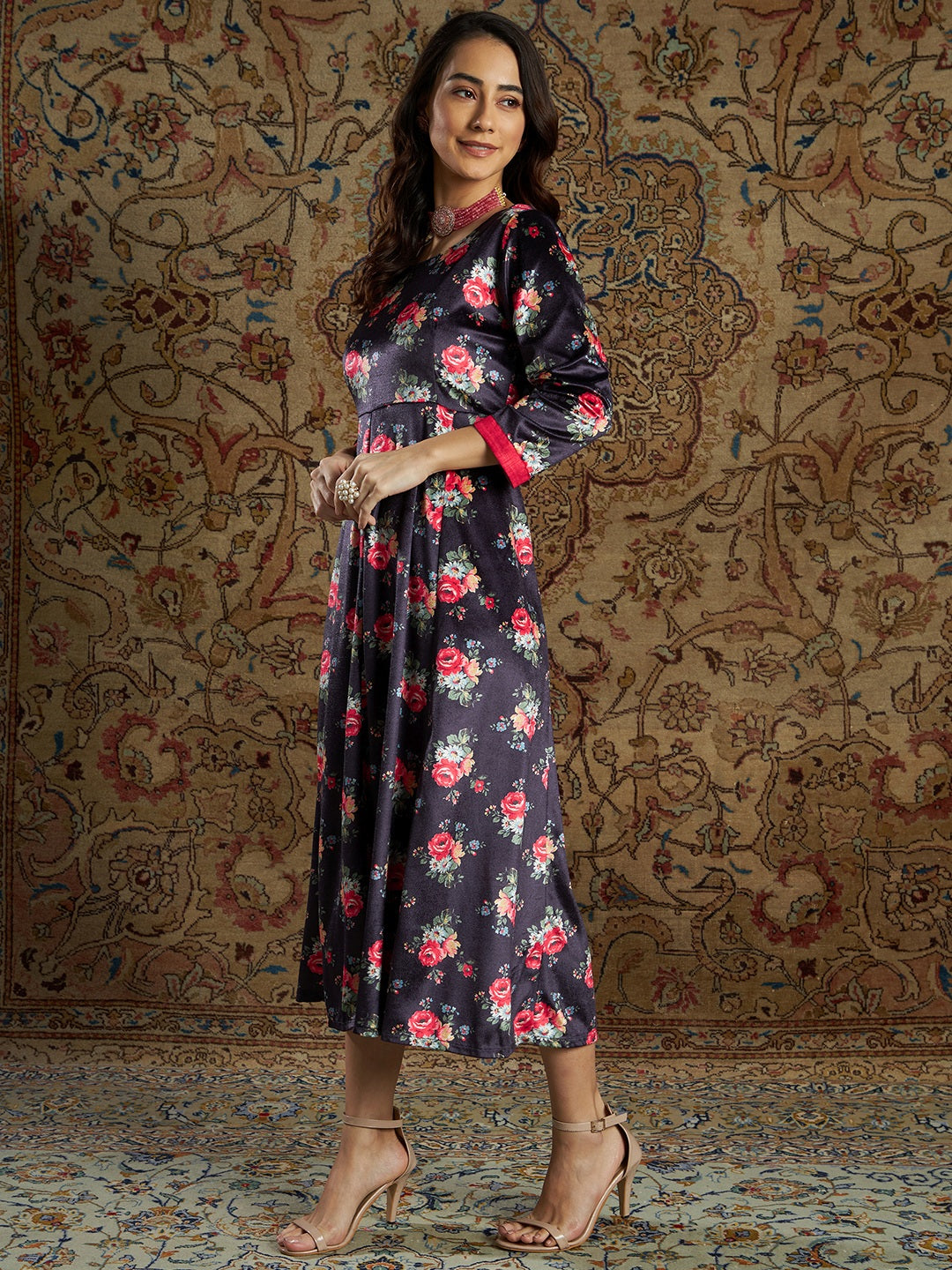 Women's Navy Floral Velvet Printed Anarkali Dress - Lyush