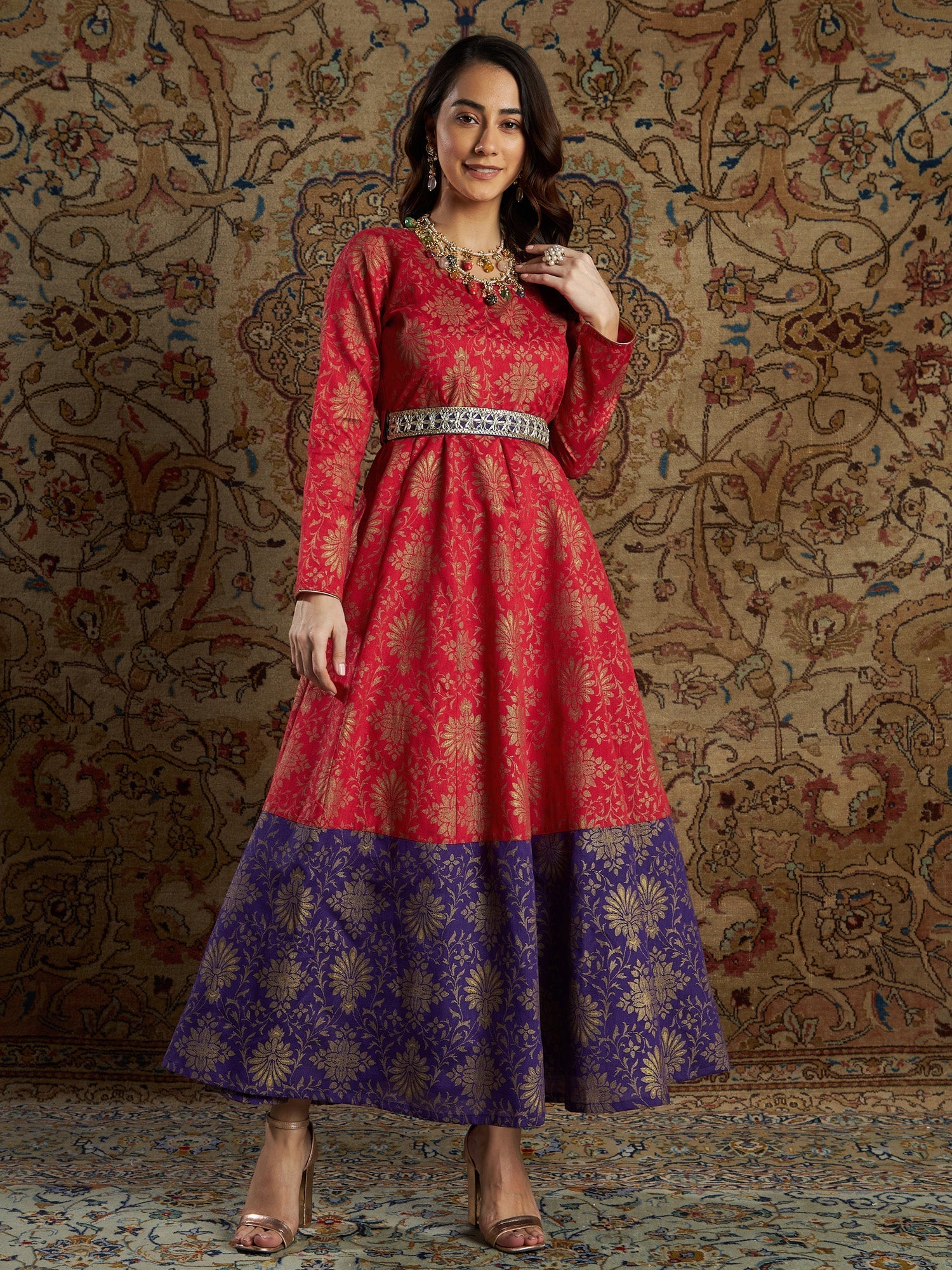 Women's Red & Purple Brocade Floral Anarkali Maxi Dress - Lyush