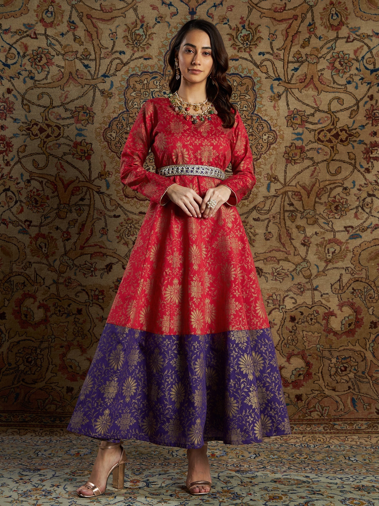 Women's Red & Purple Brocade Floral Anarkali Maxi Dress - Lyush