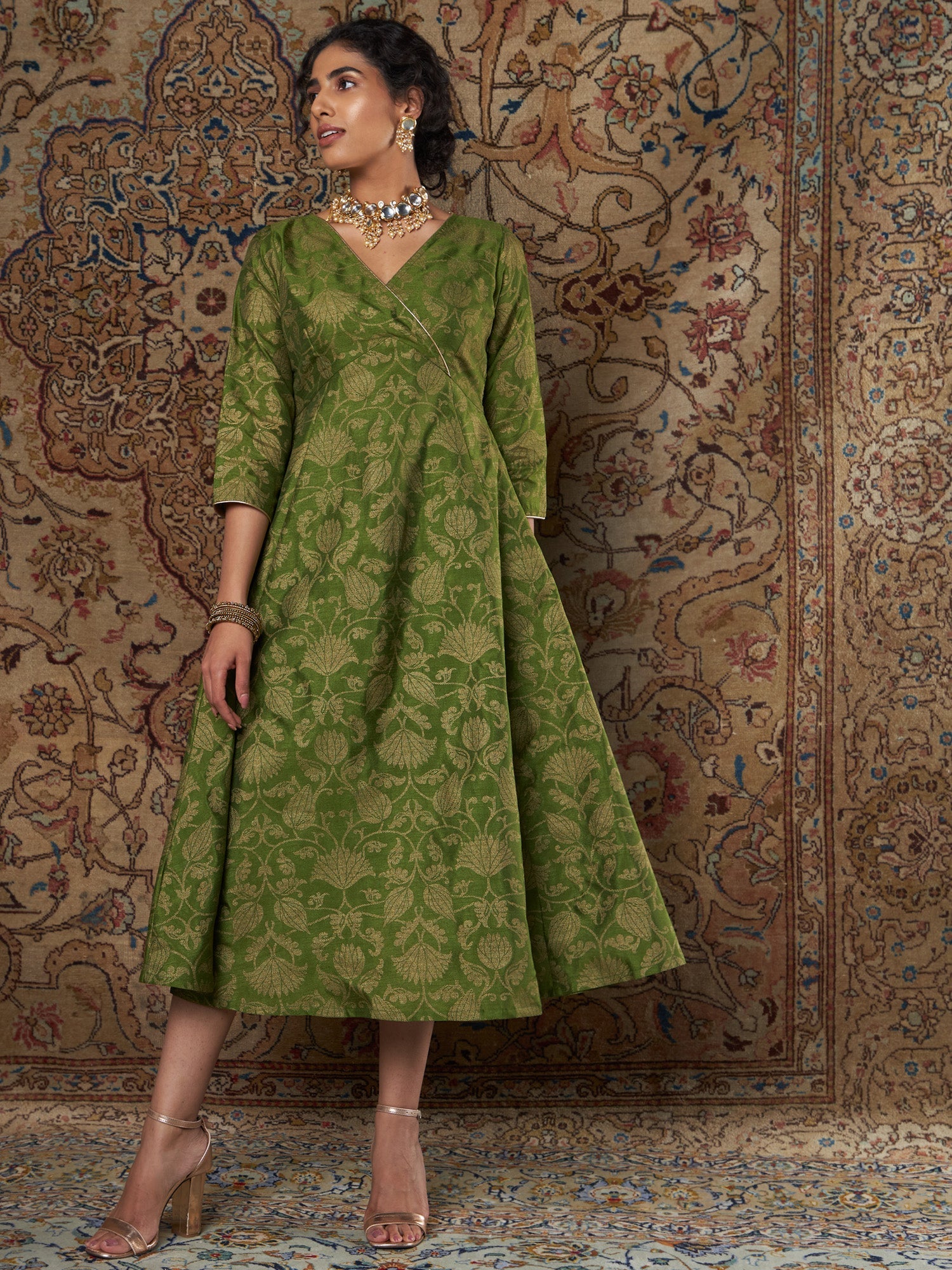Women's Green Brocade Floral Anarkali Dress - Lyush