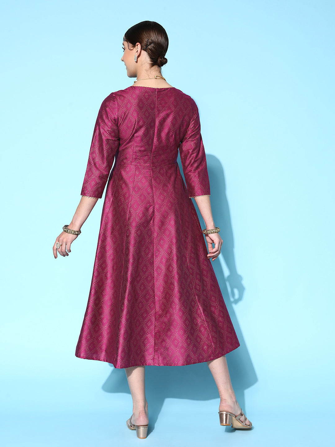 Women's Burgundy Cotton Silk Foil Anarkali Dress - Lyush