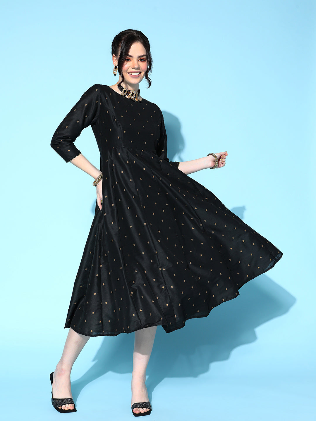 Women's Black Cotton Silk Foil Anarkali Dress - Lyush