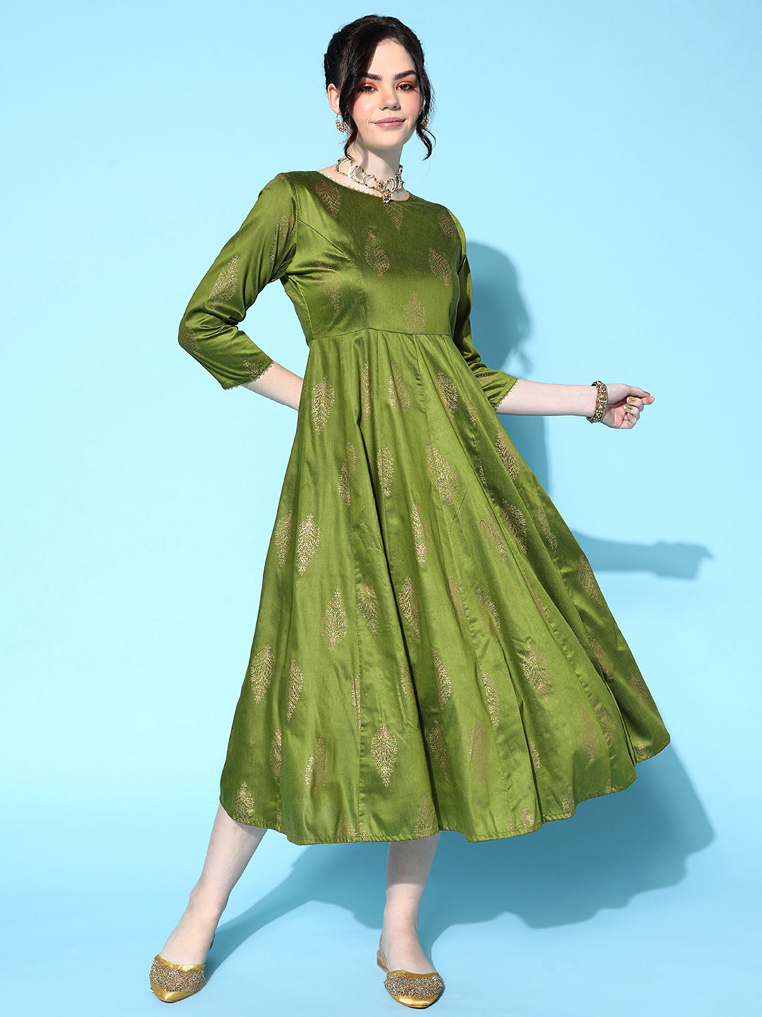 Women's Green Cotton Silk Foil Anarkali Dress - Lyush
