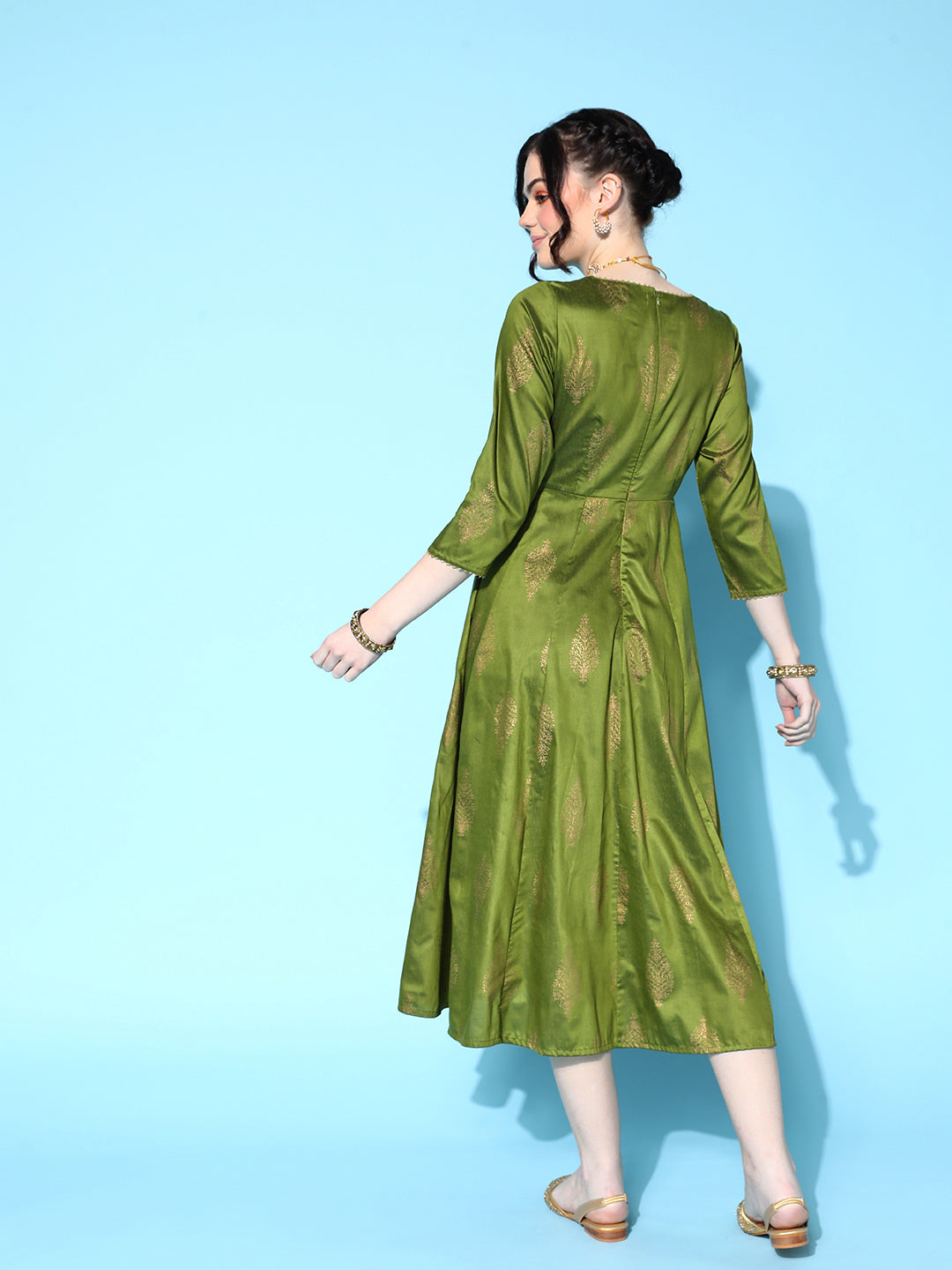 Women's Green Cotton Silk Foil Anarkali Dress - Lyush