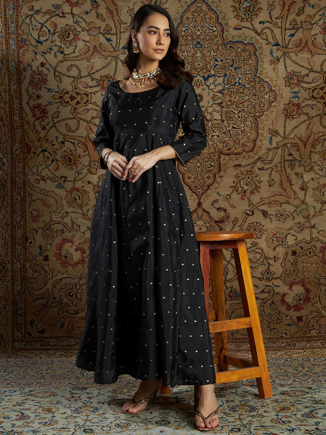 Women's Black Jacquard Anarkali Maxi Dress - Lyush
