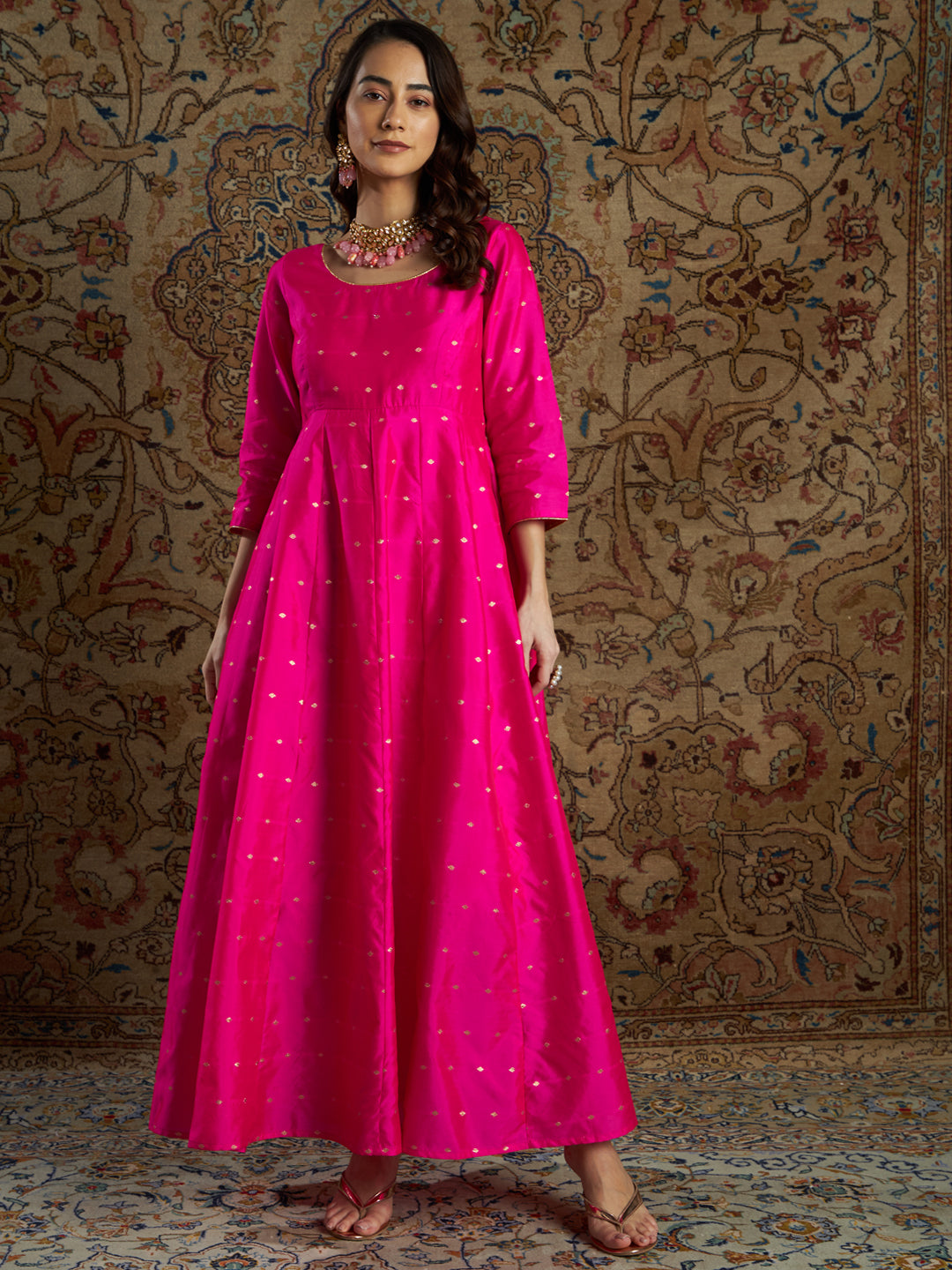 Women's Fuchsia Jacquard Anarkali Maxi Dress - Lyush