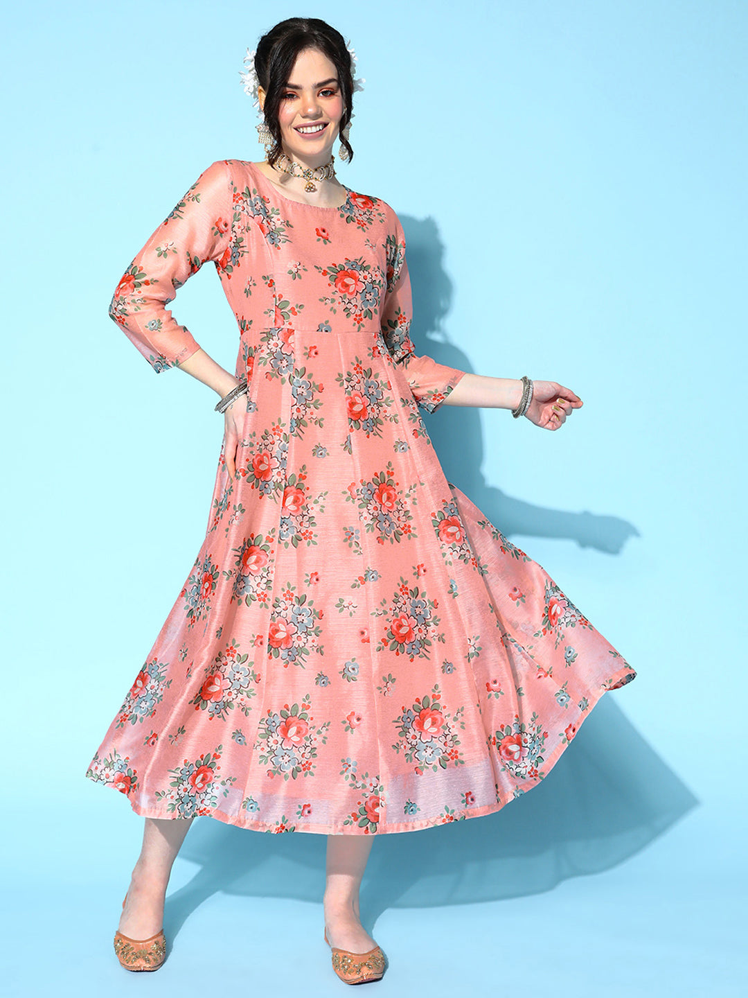 Women's Peach Floral Anarkali Maxi Dress - Lyush
