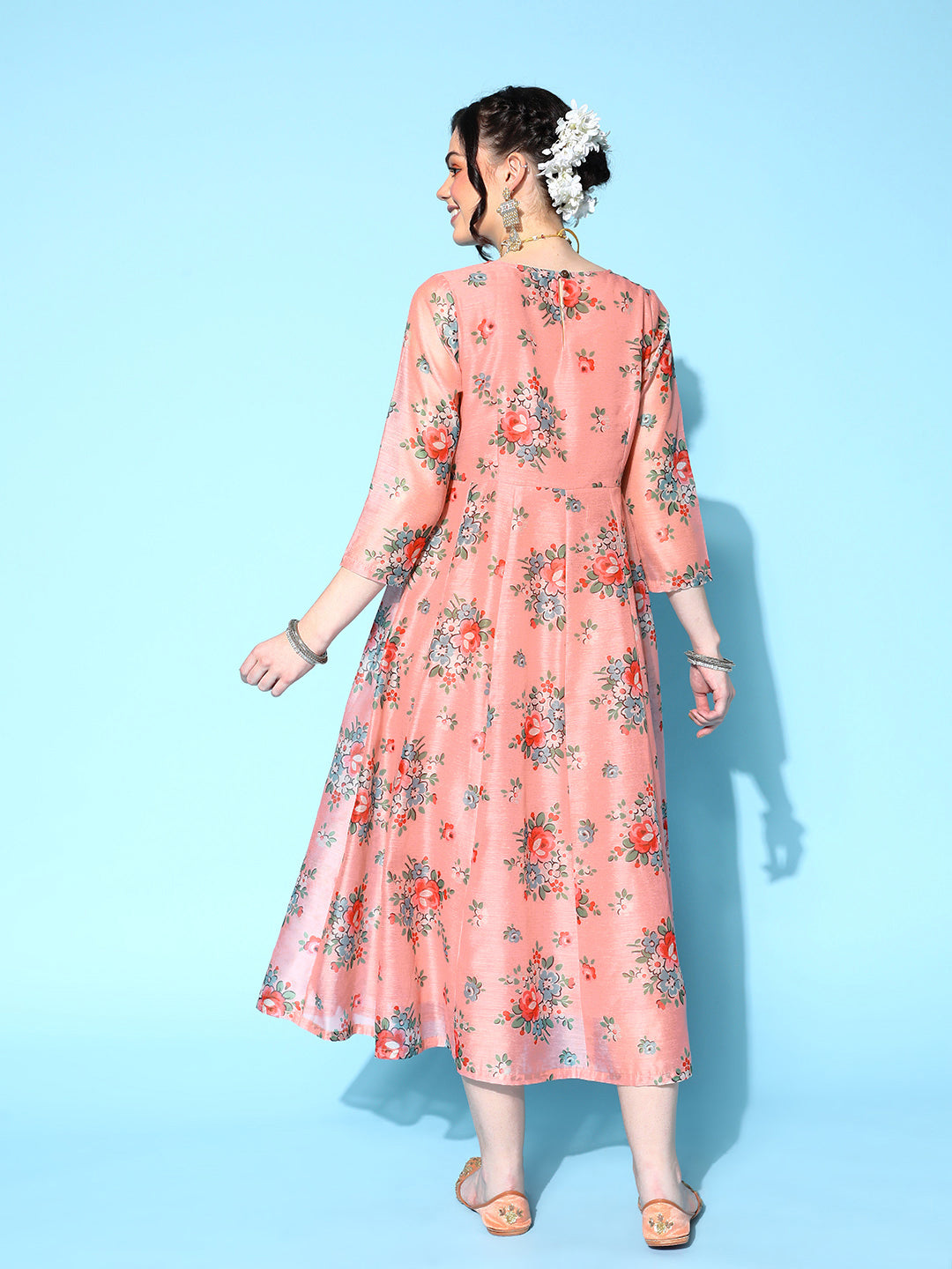 Women's Peach Floral Anarkali Maxi Dress - Lyush