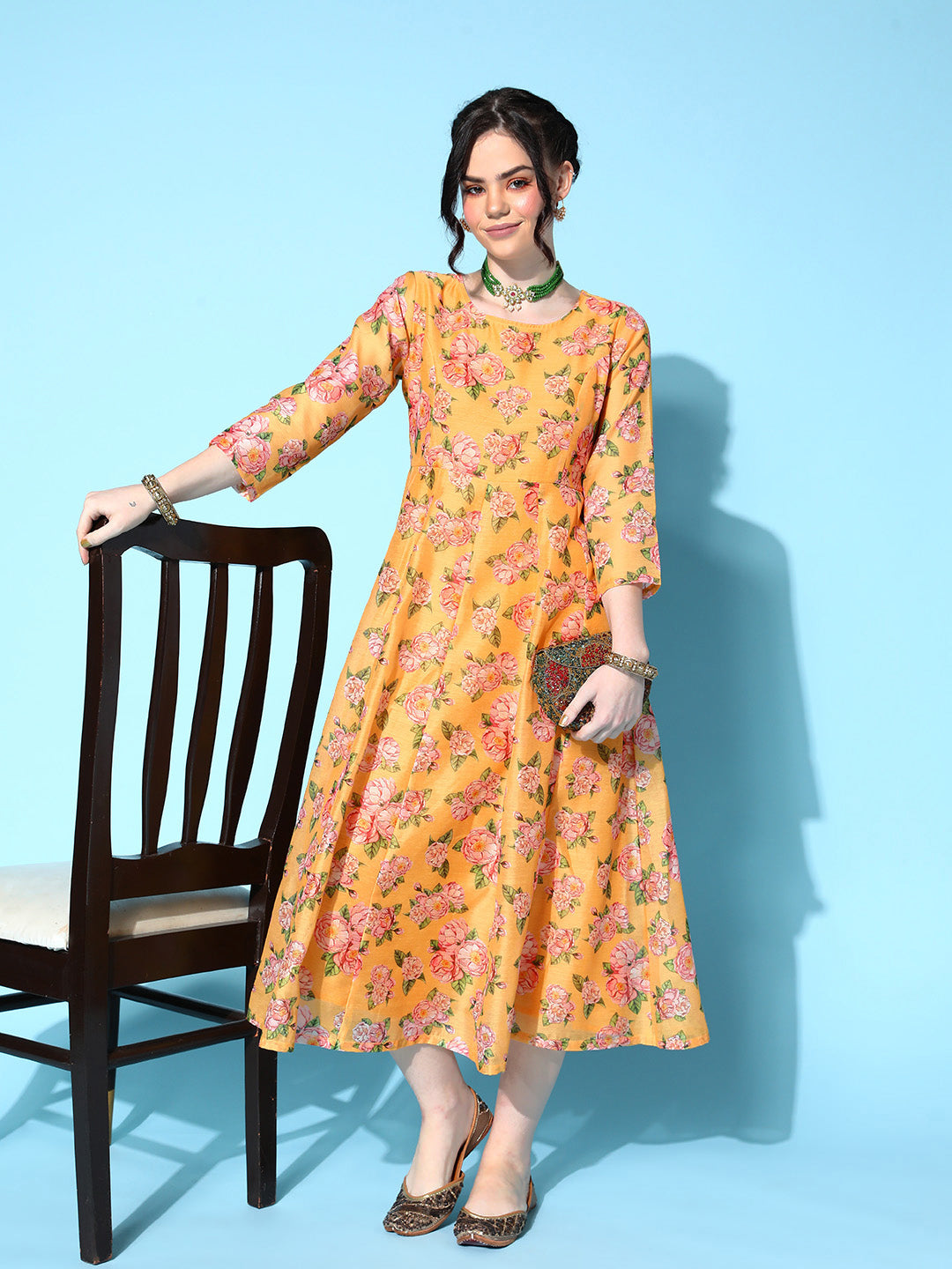 Women's Yellow Floral Anarkali Maxi Dress - Lyush