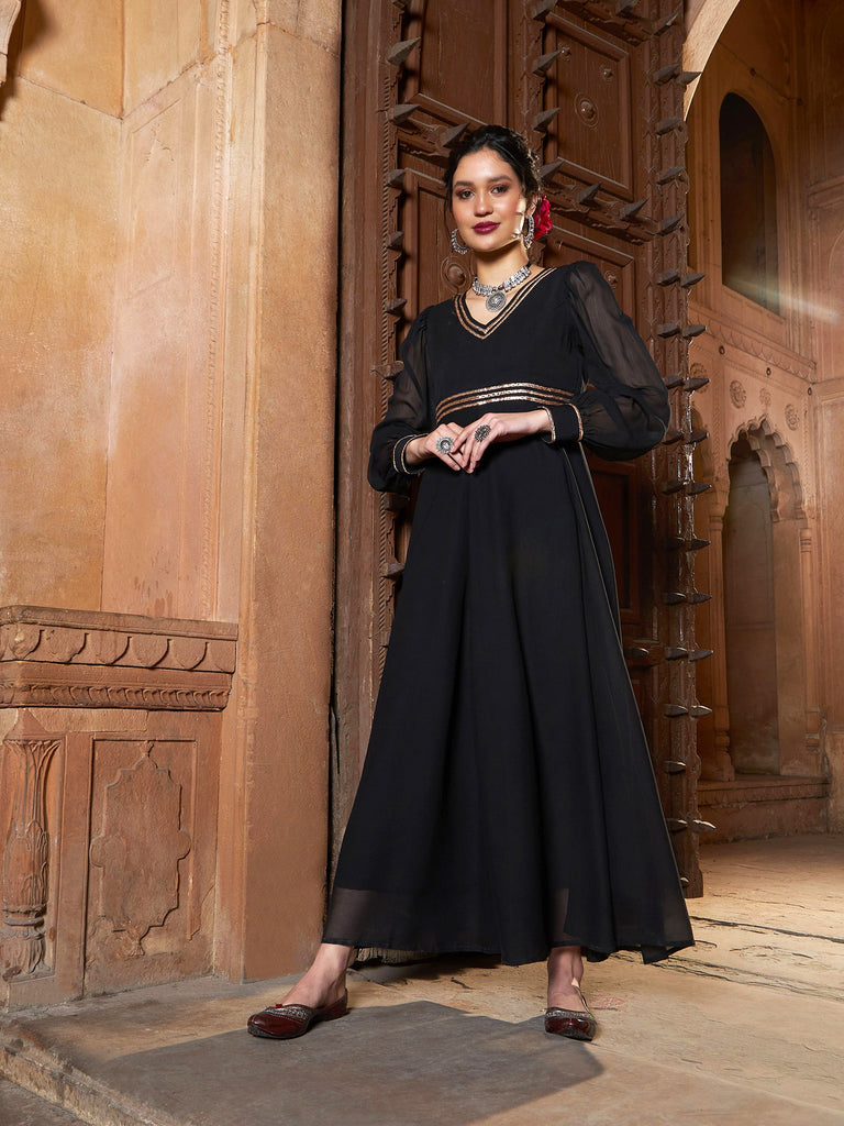 Women's Black Lace Detail Chiffon Maxi Dress