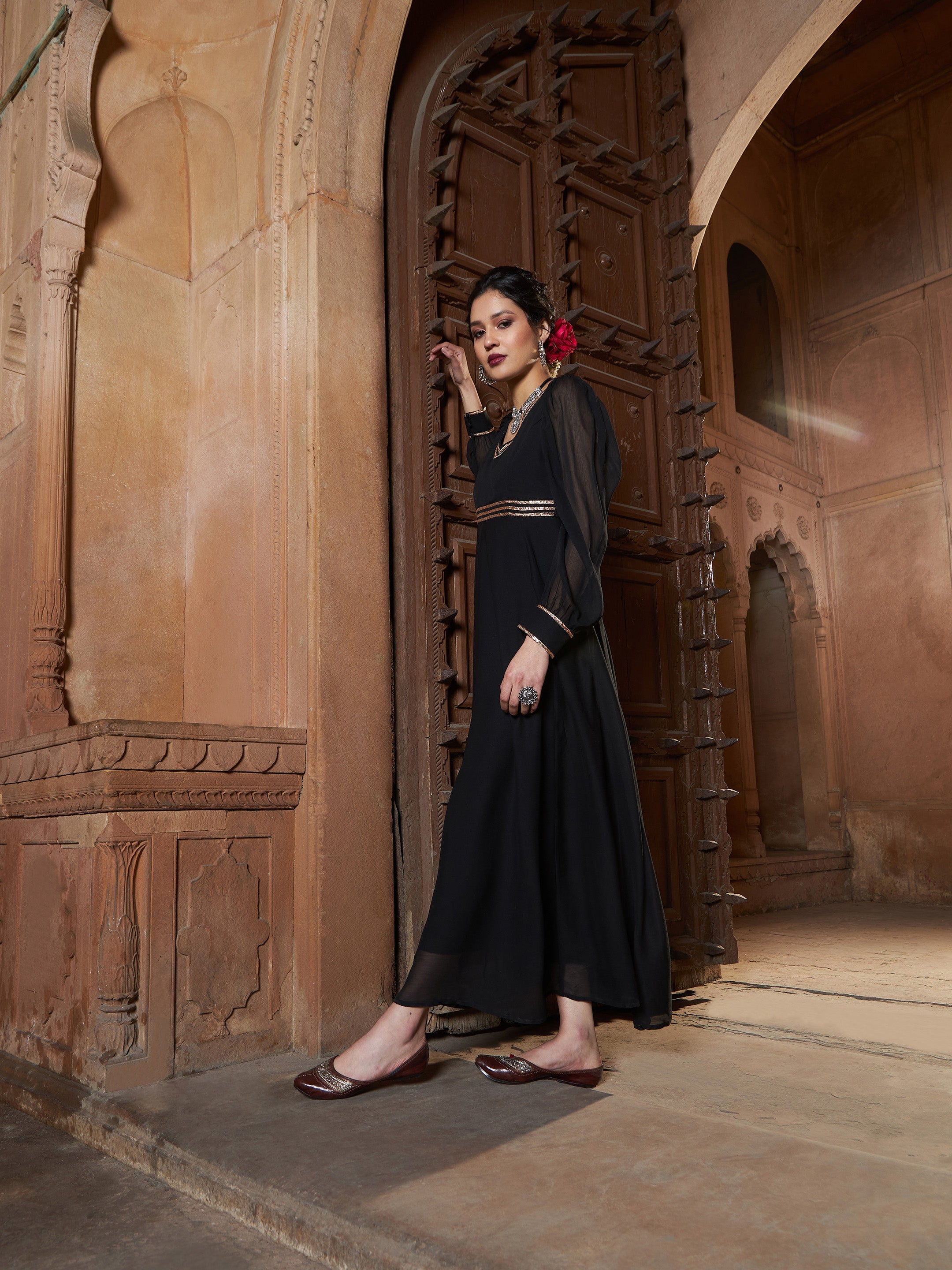 Women's Black Lace Detail Chiffon Maxi Dress - SASSAFRAS