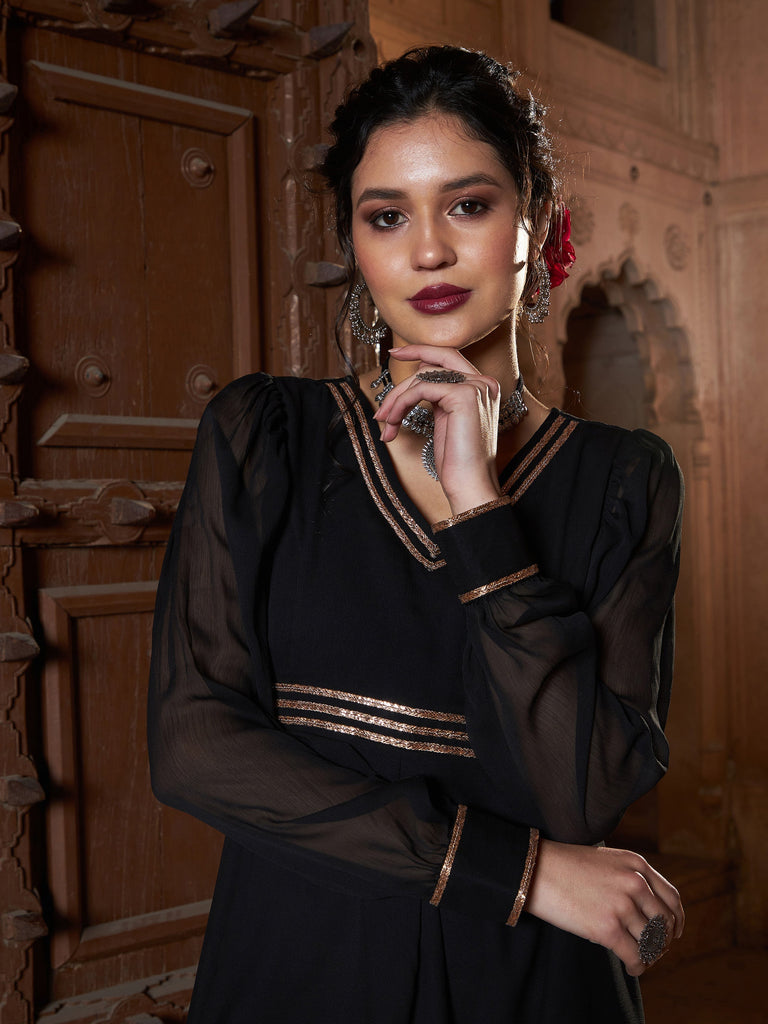 Women's Black Lace Detail Chiffon Maxi Dress