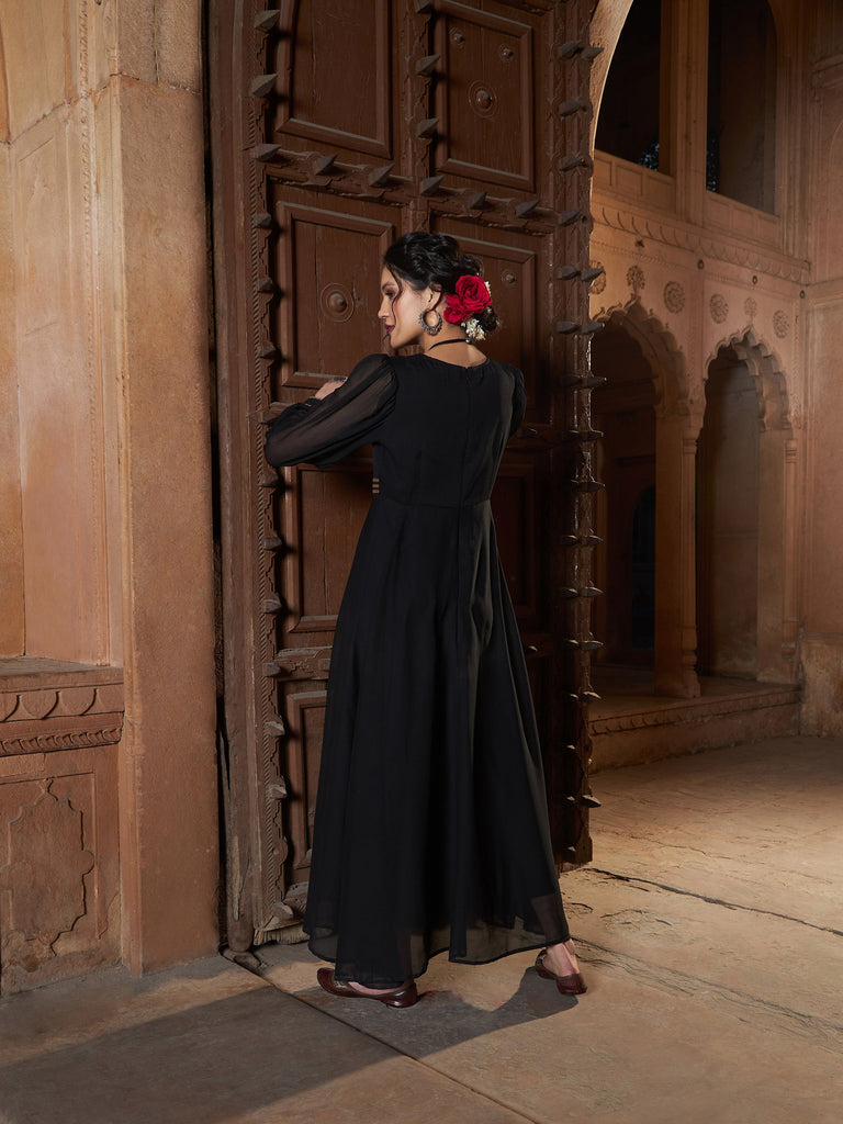 Women's Black Lace Detail Chiffon Maxi Dress