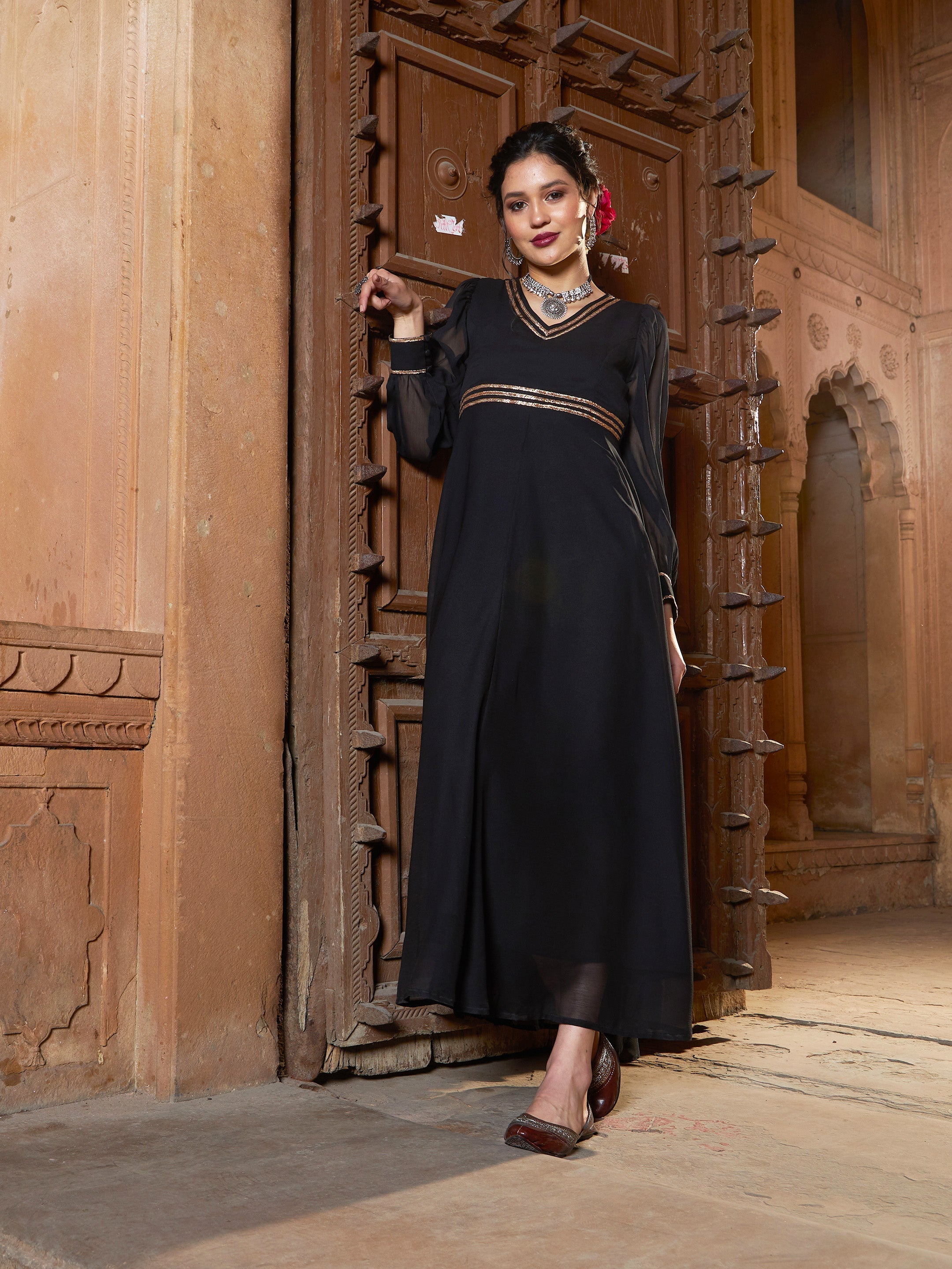 Women's Black Lace Detail Chiffon Maxi Dress - SASSAFRAS
