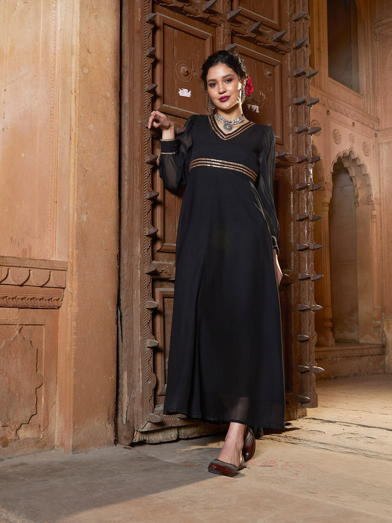 Women's Black Lace Detail Chiffon Maxi Dress