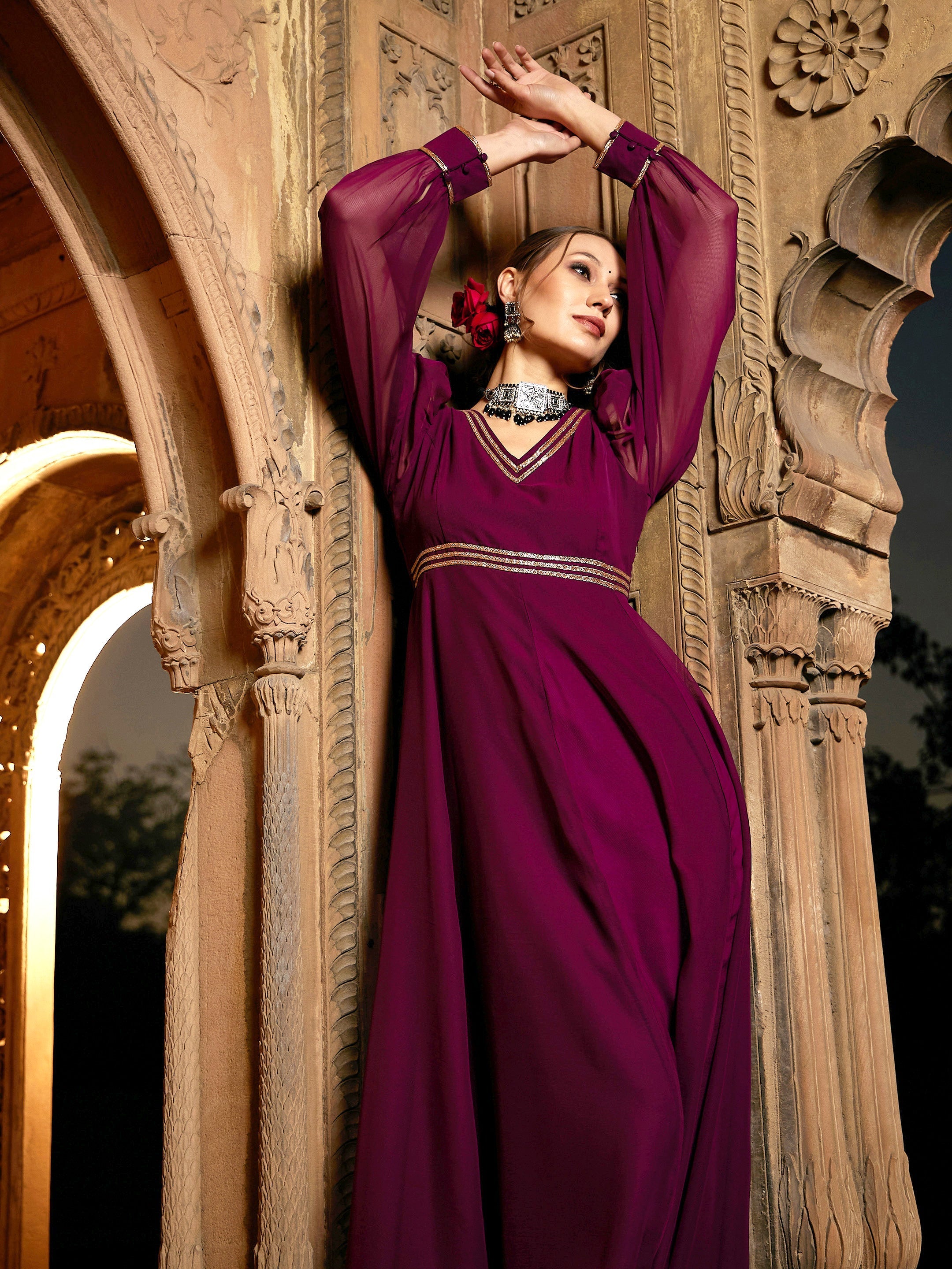 Women's Burgundy Lace Detail Chiffon Maxi Dress - SASSAFRAS
