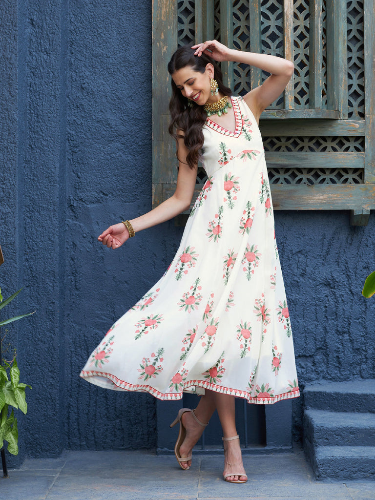 Women's Off White Floral Slant Empire Seam Maxi Dress