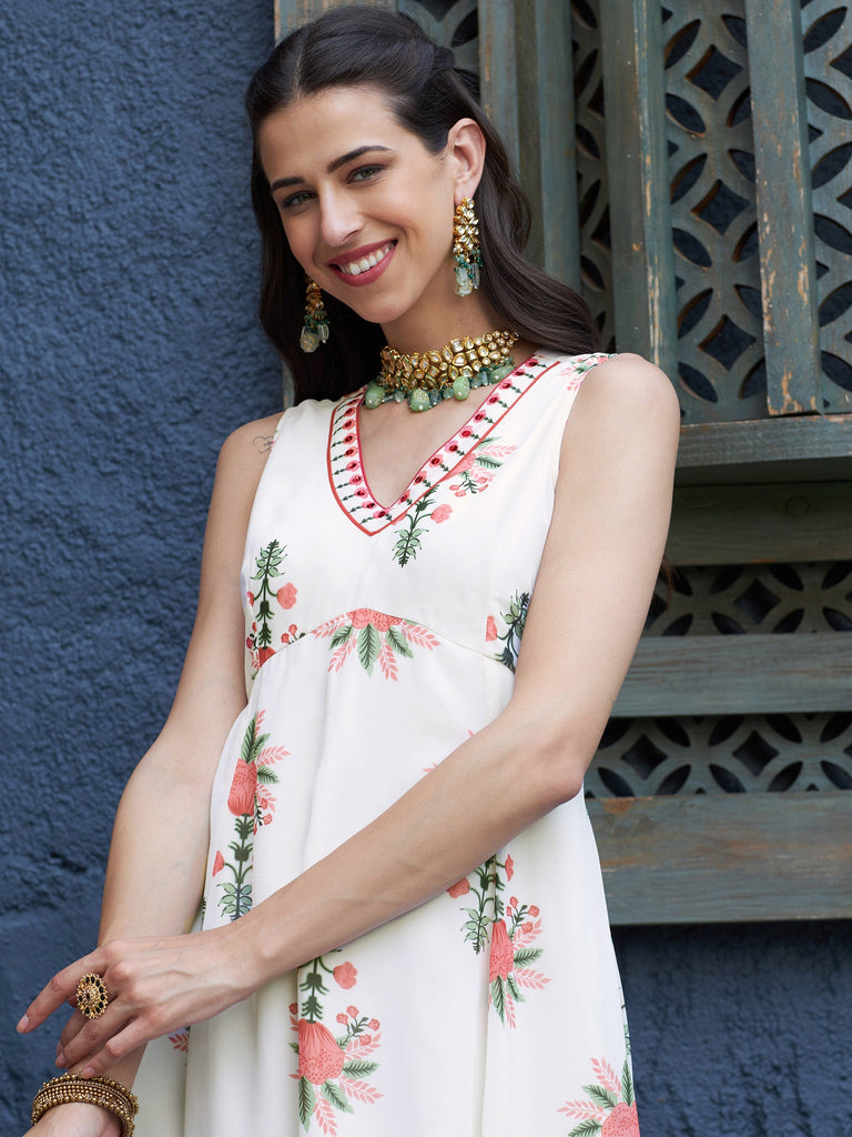 Women's Off White Floral Slant Empire Seam Maxi Dress