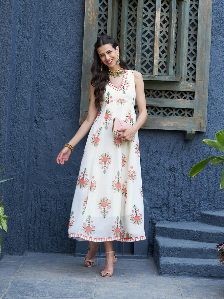 Women's Off White Floral Slant Empire Seam Maxi Dress