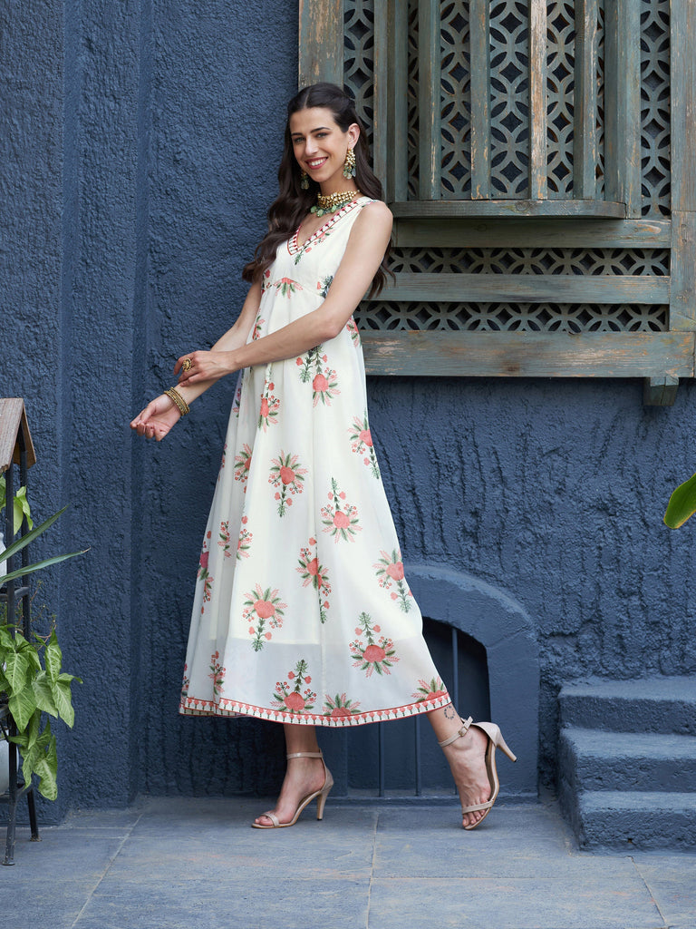 Women's Off White Floral Slant Empire Seam Maxi Dress