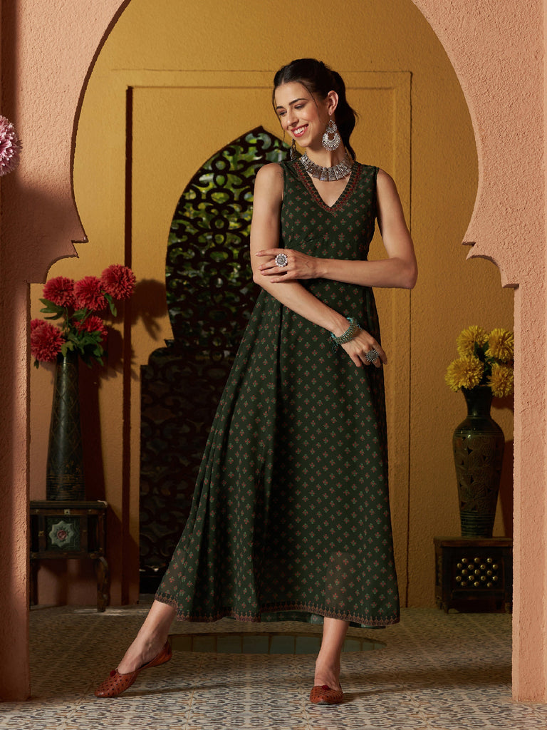 Women's Green Floral Slant Empire Seam Maxi Dress