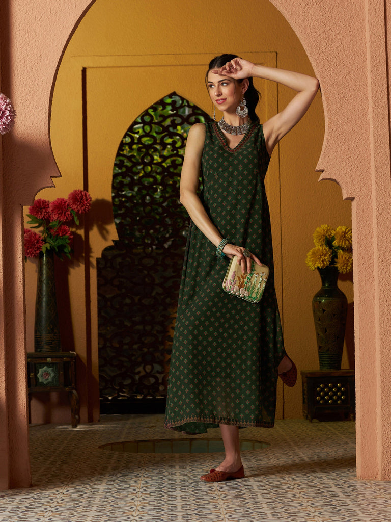 Women's Green Floral Slant Empire Seam Maxi Dress