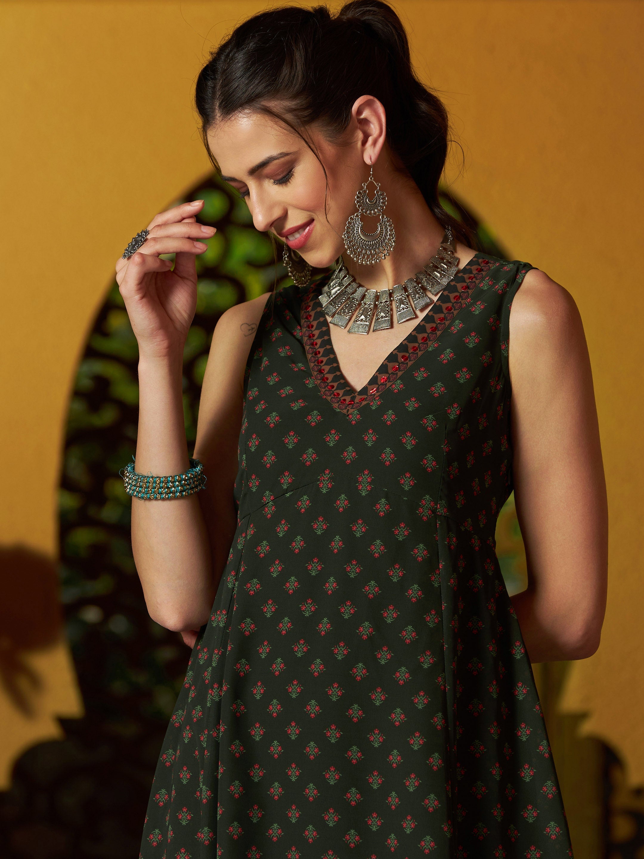 Women's Green Floral Slant Empire Seam Maxi Dress - SASSAFRAS