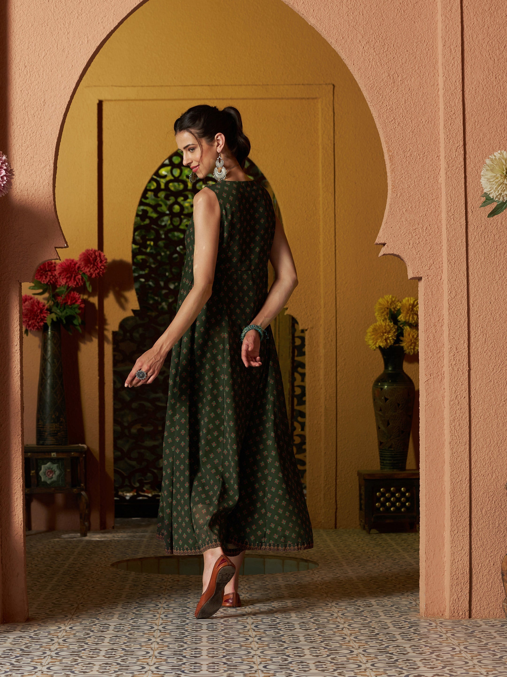 Women's Green Floral Slant Empire Seam Maxi Dress - SASSAFRAS