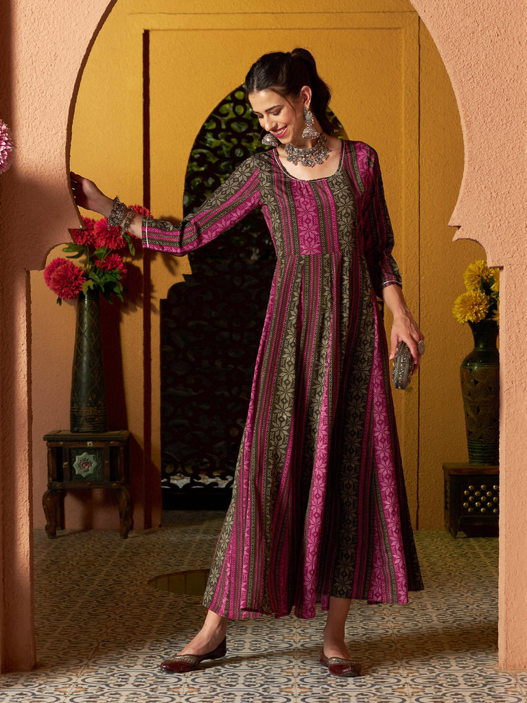 Women's Maroon Geometric Floral Anarkali Maxi Dress