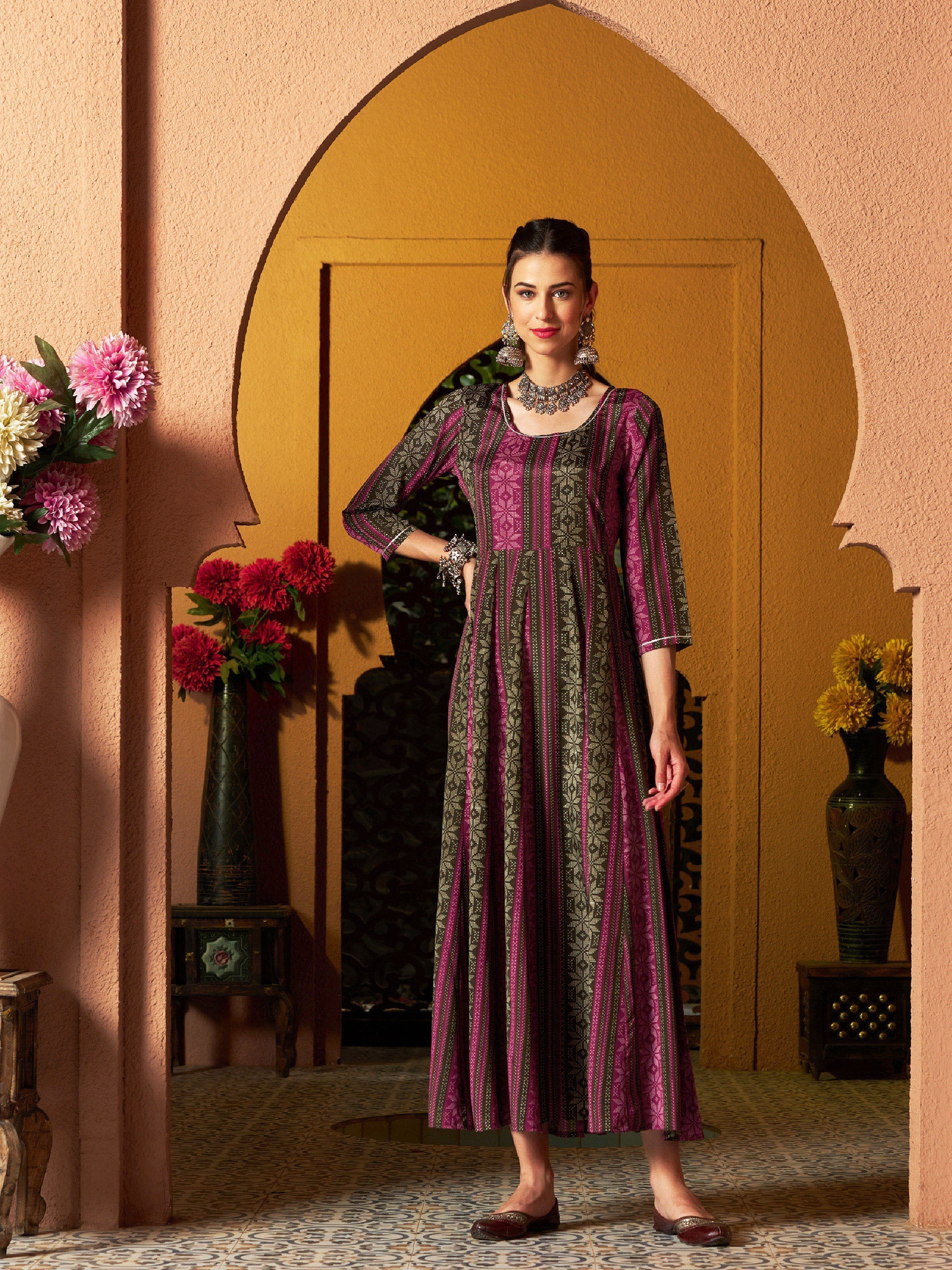 Women's Maroon Geometric Floral Anarkali Maxi Dress - SASSAFRAS
