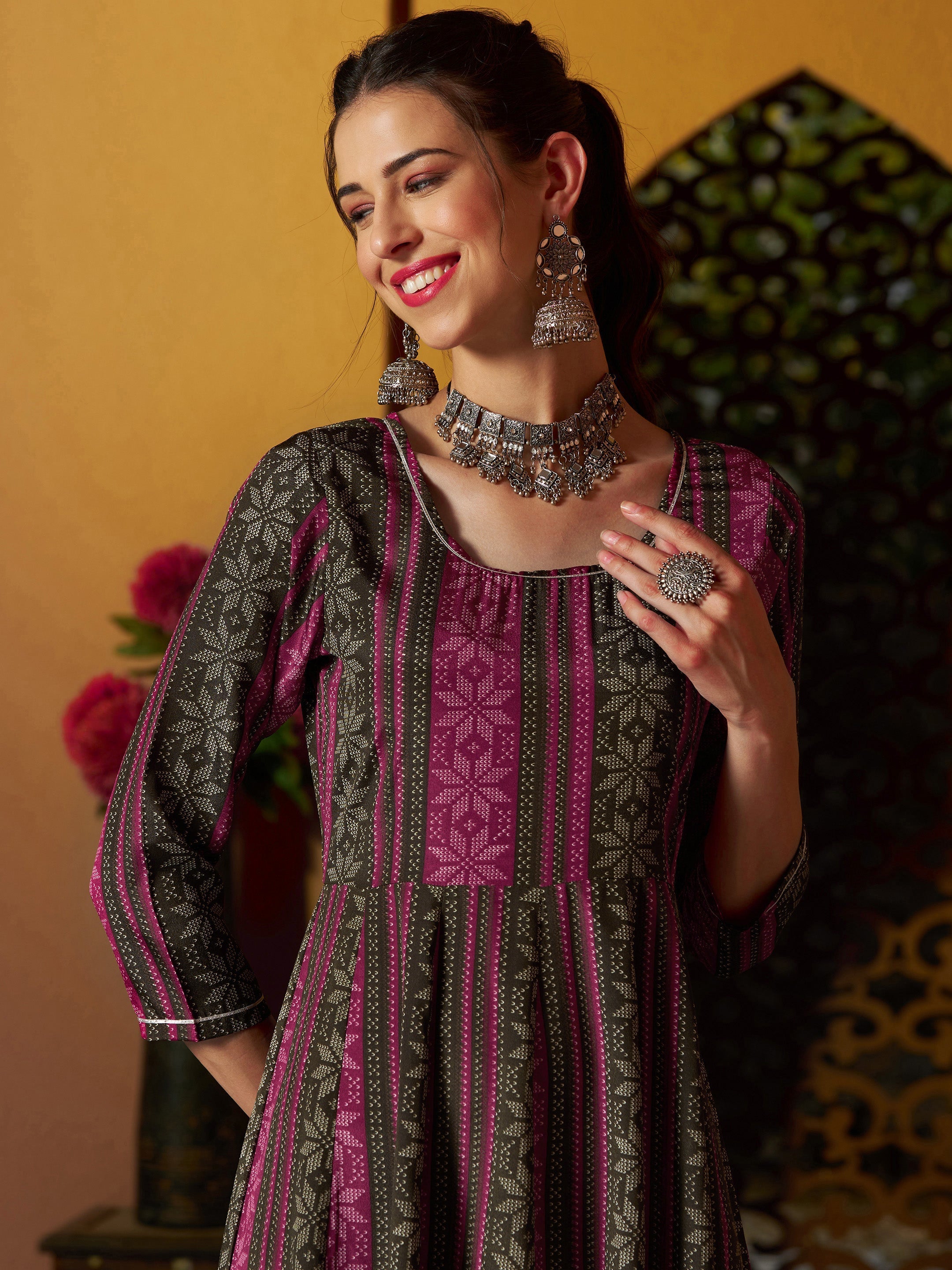 Women's Maroon Geometric Floral Anarkali Maxi Dress - SASSAFRAS