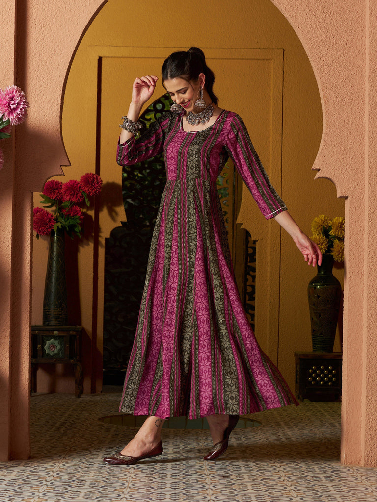 Women's Maroon Geometric Floral Anarkali Maxi Dress